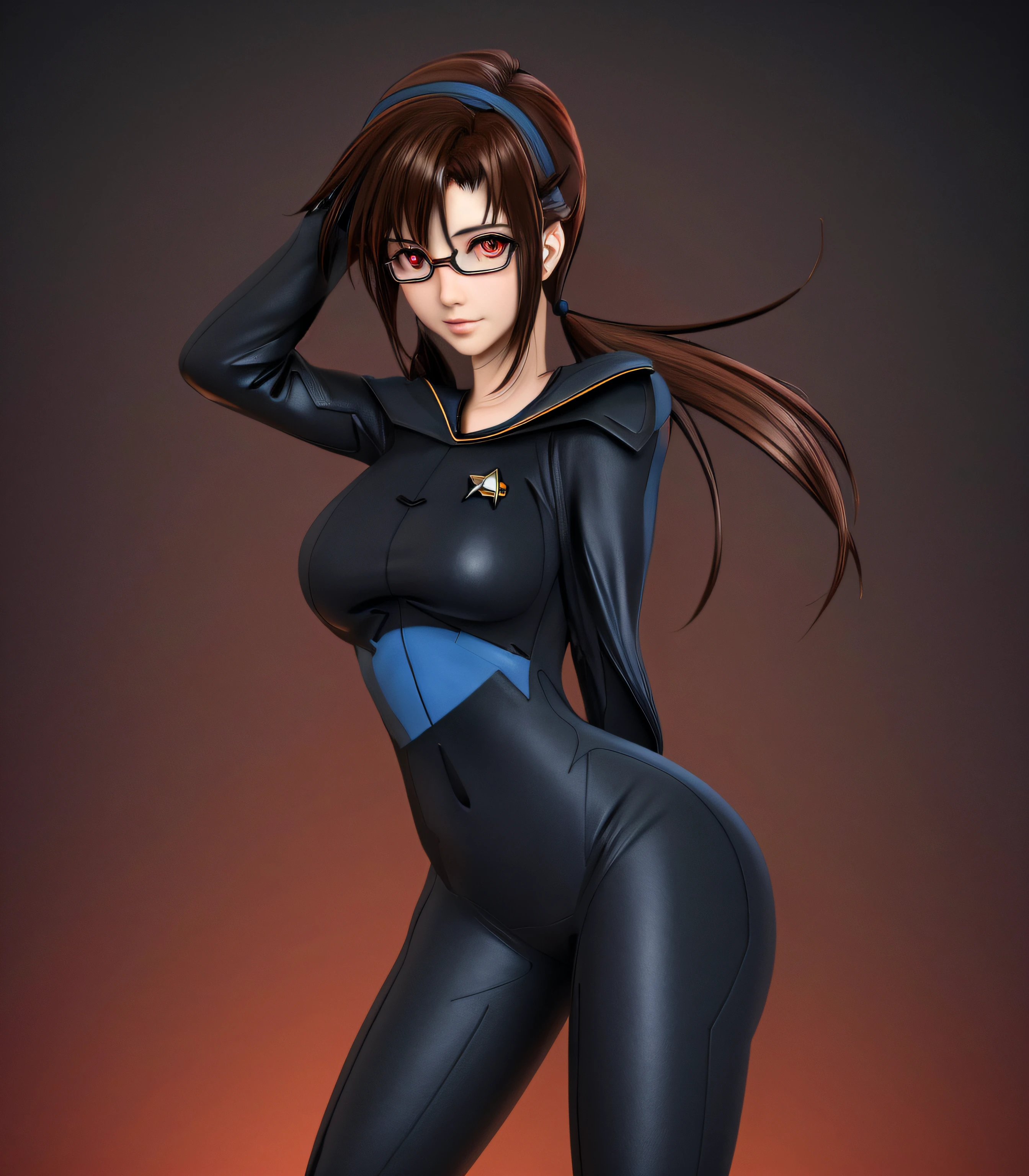 Bishoujo with brown hair, ojos azules, traje de star trek amarillo y negro, Parece una figura coleccionable, Estilo de renderizado 3D, Fondo espacial, Obra maestra , hd