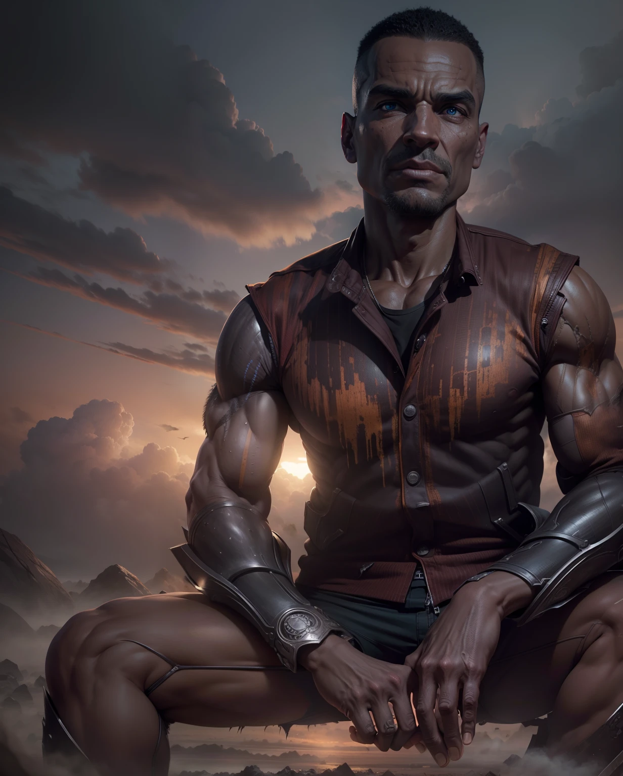 Change background apocalypse, 4k, ultra realistic, muscular