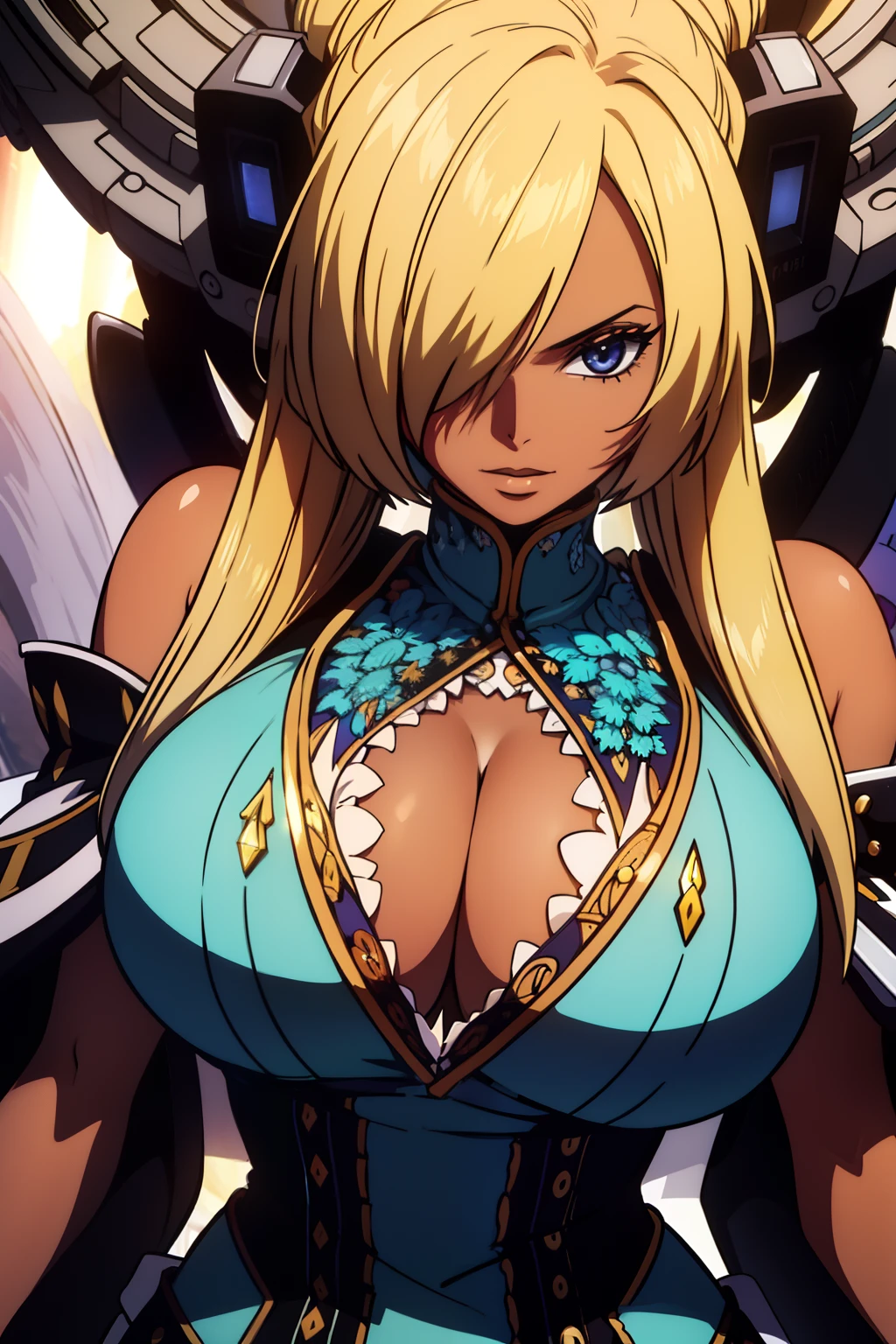 a blonde dark skin busty woman with big boobs, ((intricate details)), hdr, ((intricate details, hyperdetailed)), cinematic shot, vignette