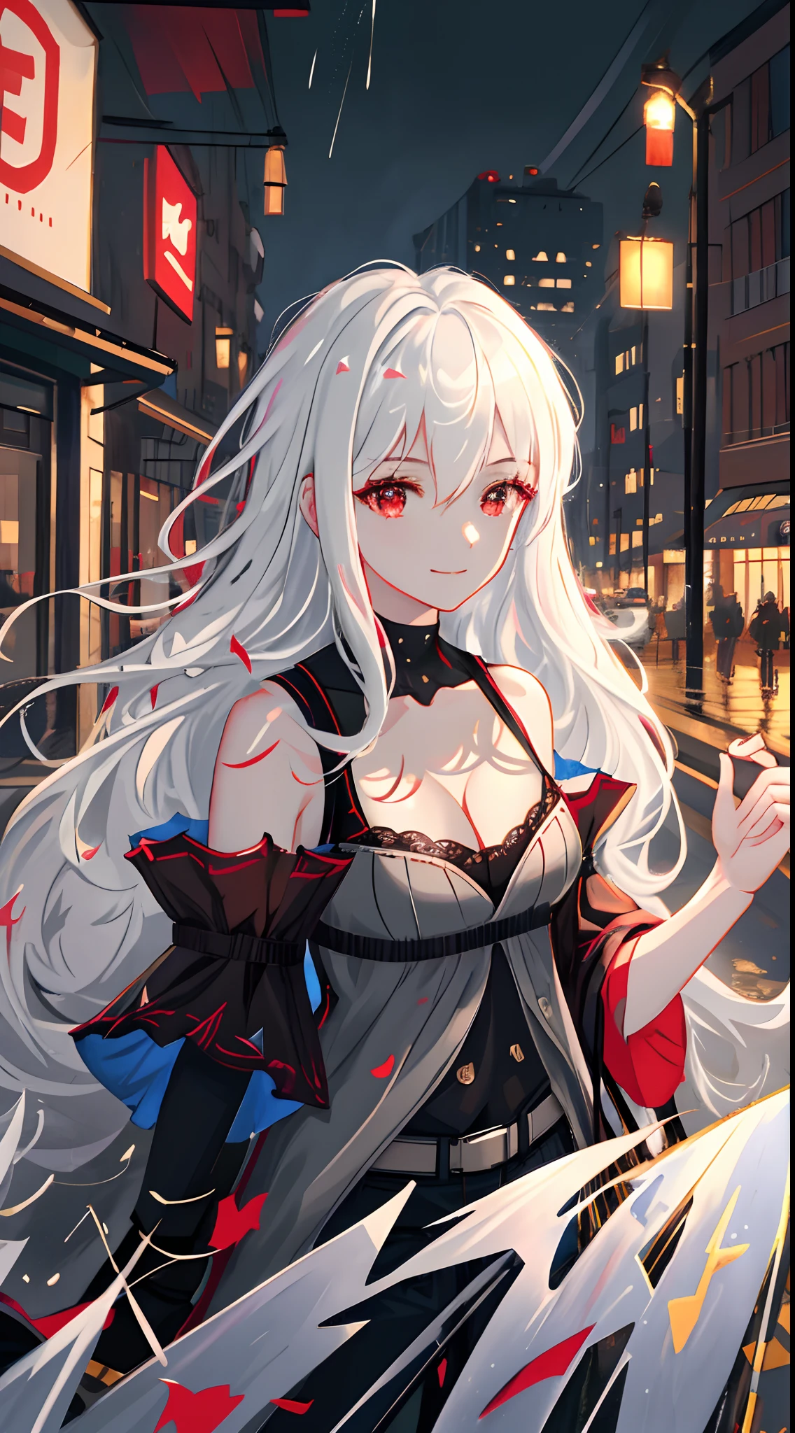 tmasterpiece， best qualtiy， extremely detaile， Cinematic lightning， intricately details， A high resolution， offcial art， Fine beautiful face and eyes， high-resolution illustrations， 8K， depth of fields， Bokeh， 独奏， 1girll， A girl with white hair and red eyes， Long white hair， beautiful red eye， lindo cenario， rainy city， The upper part of the body， looking at viewert， closeup cleavage，ssmile