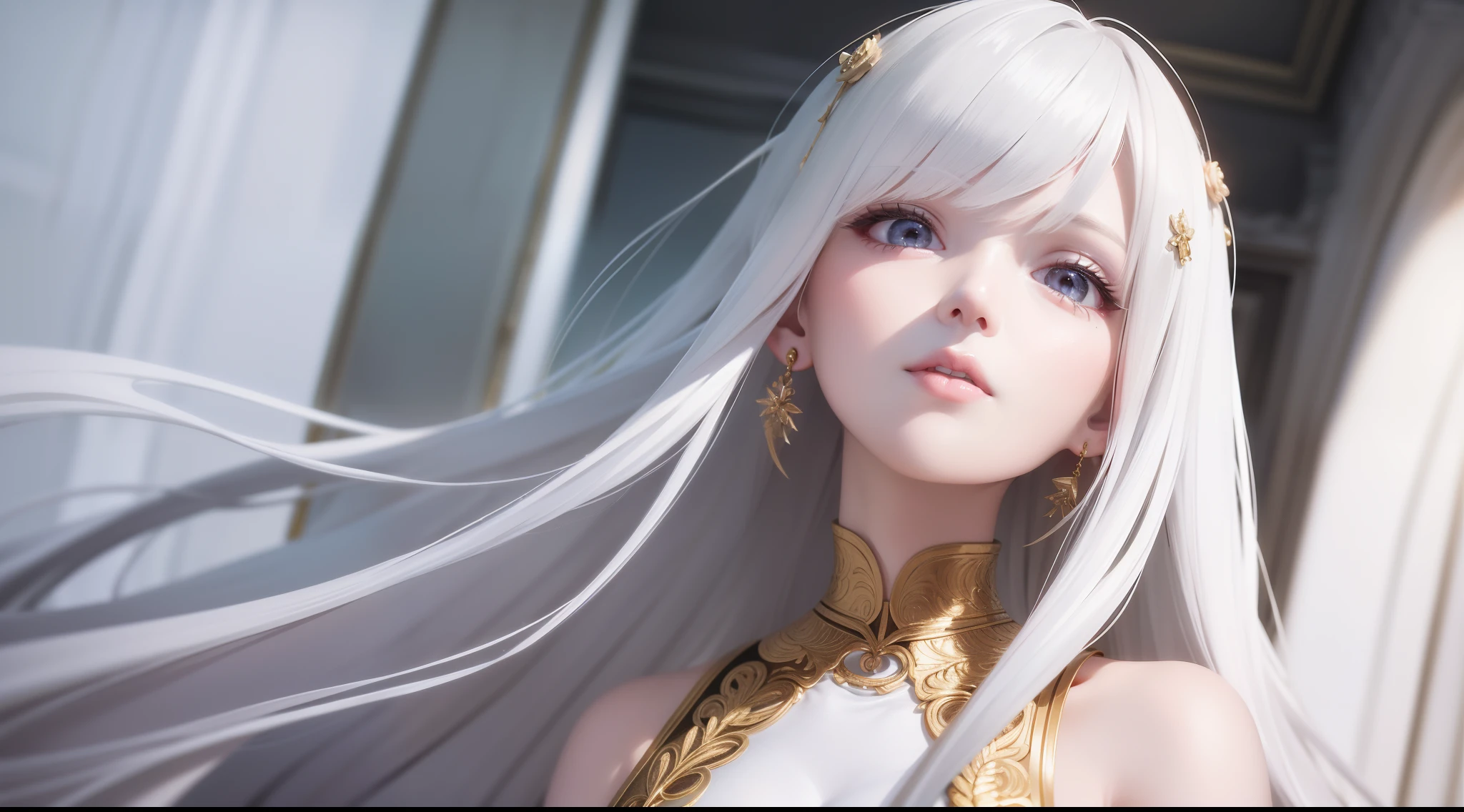 best quality, masterpiece,white hair, gold eyes,white clothes, looking up, upper body,hair strand,Fair skin,side braids