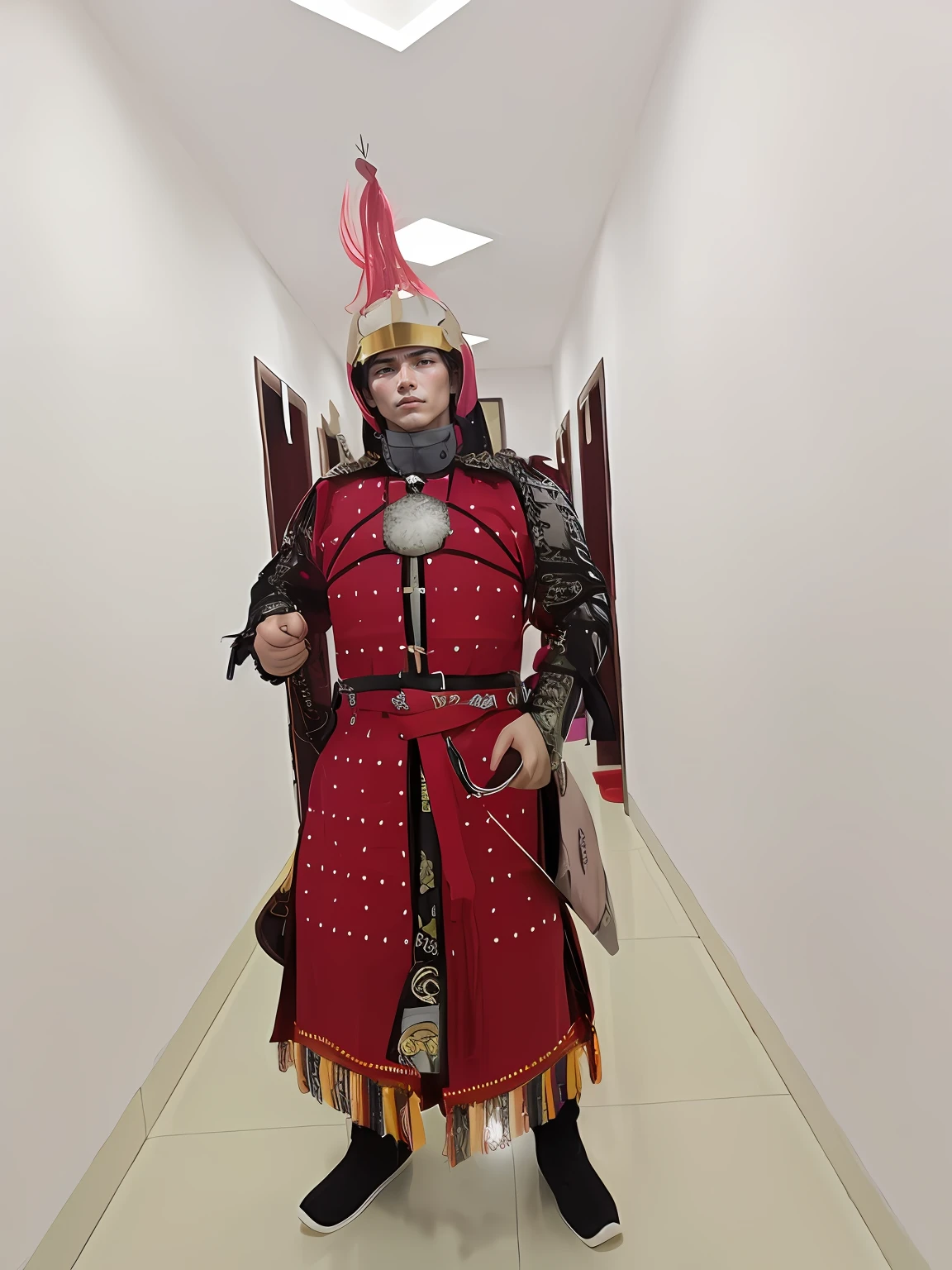 Daming soldiers,Dressed in red cloth armor,He wears a red helmet,Hold a knife with a bow and stand