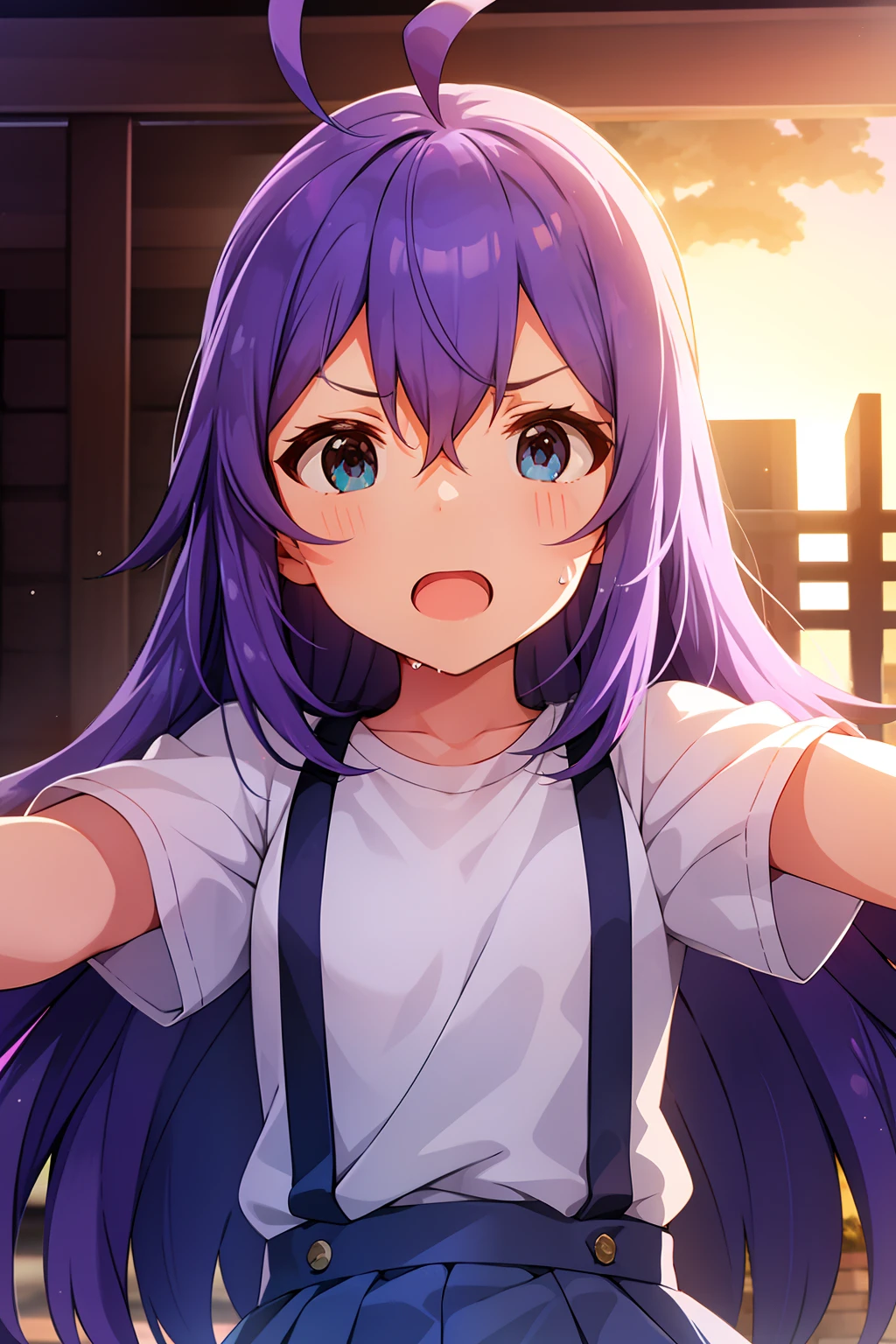 mochizuki anna,1girl in,Solo,Long hair,Purple hair,Medium chest.Ahoge,Blue eyes.Short stature.white t-shirts.suspenders.Skirt.Evening glow.the setting sun.Despair face.Sweat.Opening Mouth.up chest.Fighting stance.