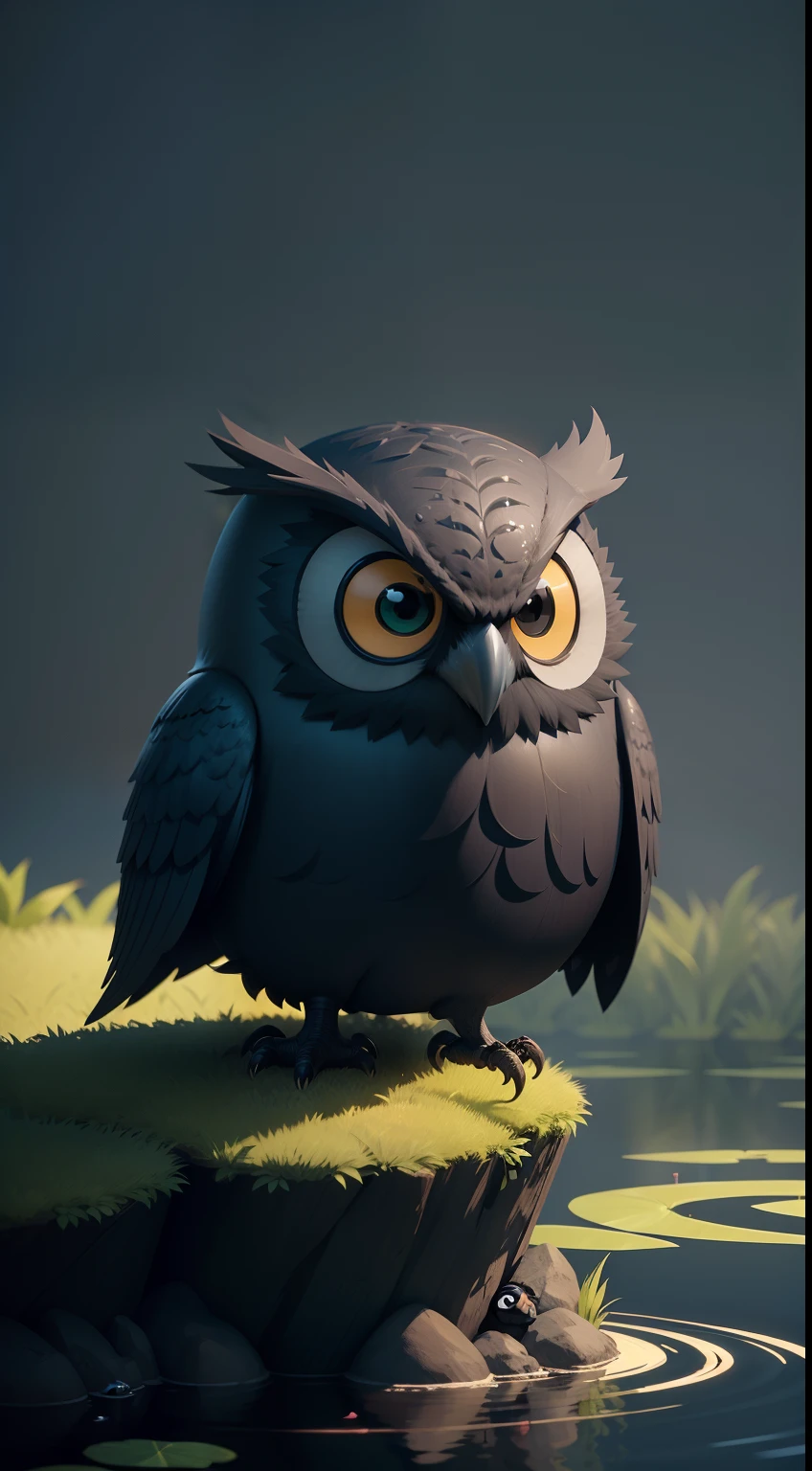 create a vibrant dark fantasy cute ninja owl in a clean-lined minimalistic cartoon style, in the background a pond with greenery all around on a fabulous evening, octane render, 8k