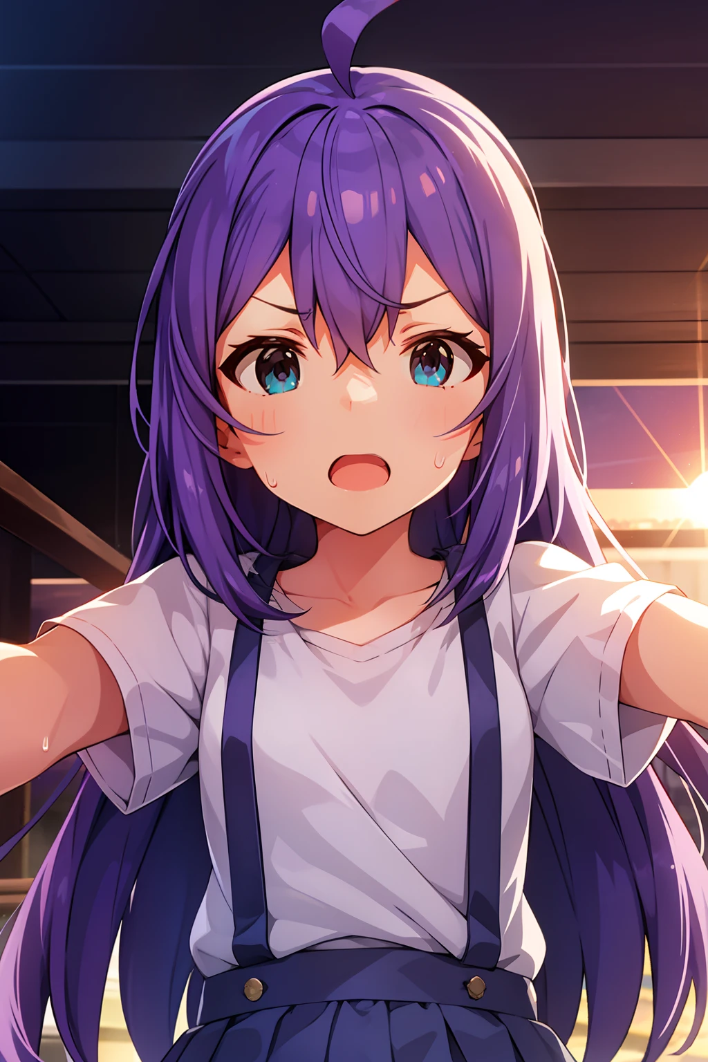 mochizuki anna,1girl in,Solo,Long hair,Purple hair,Medium chest.Ahoge,Blue eyes.Short stature.white t-shirts.suspenders.Skirt.Evening glow.the setting sun.Despair face.Sweat.Opening Mouth.up chest.Fighting stance.