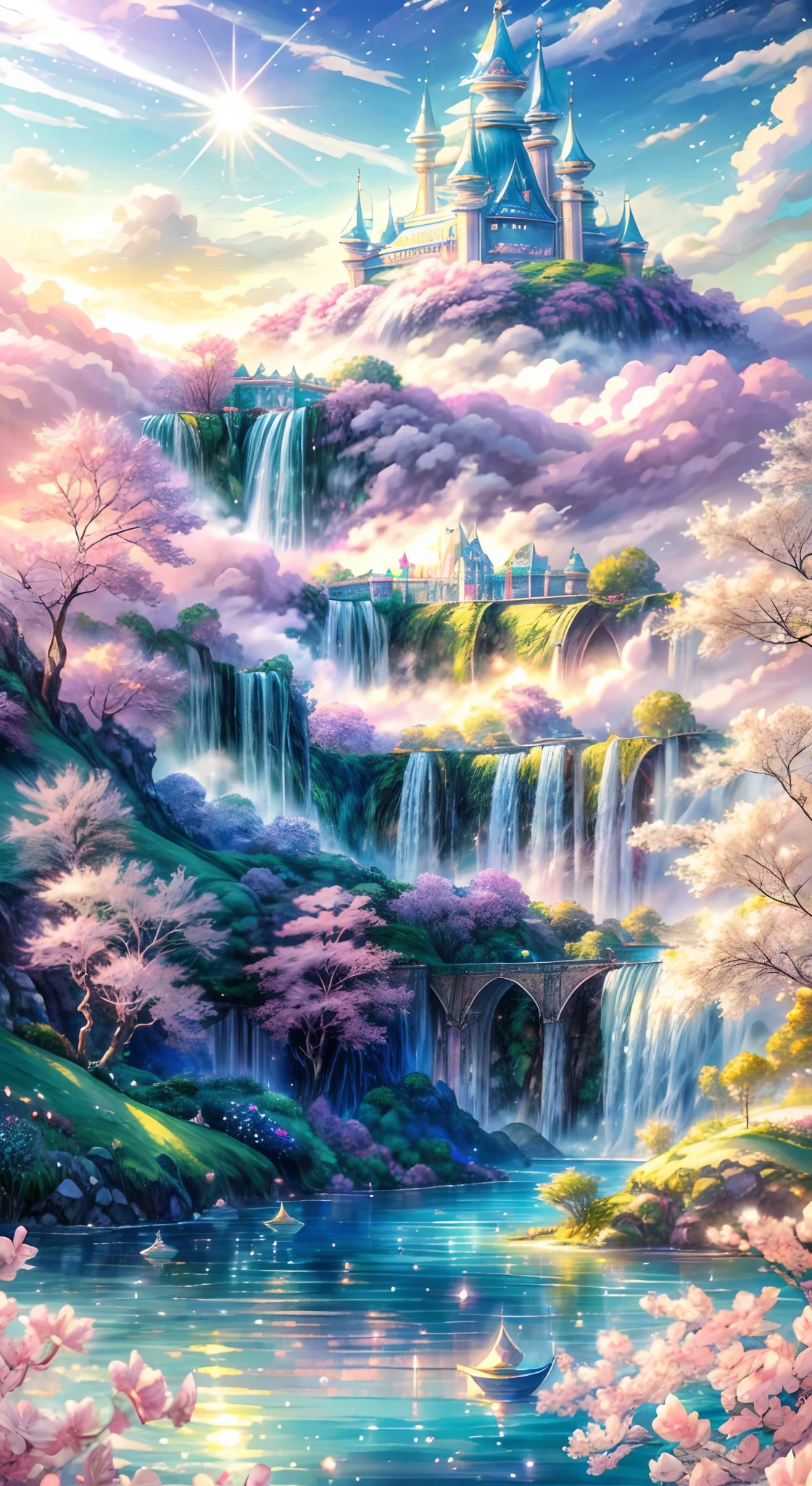 Imagine the enchanting scene of a magnificent kingdom full of romantic dreams. The environment is full of intricate floating islands, Fluffy clouds, A waterfall cascading down from a floating island, Full of prunes, surreal atmosphere. The atmosphere is full of wonder and tranquility. (((This artwork is a very realistic and very detailed illustration.))) The image contains many shades of pink and other vibrant gemstone hues. This scene will be depicted in anime-style illustrations, soft line, Pastel colors, And whimsical touch. All the buildings are very detailed and elegant. The artwork will capture the ethereal beauty and serenity of the Kingdom of Dreams, Create a sense of harmony,Escape from the mundane world. Blue-green water included, Colorful watercolor sky, Luminescent elements, And many small fantasy details,Includes rainbow colors, Professionally crafted majestic landscape, and shimmer and shimmer. And most importantly, This should look like a fantasy artwork.