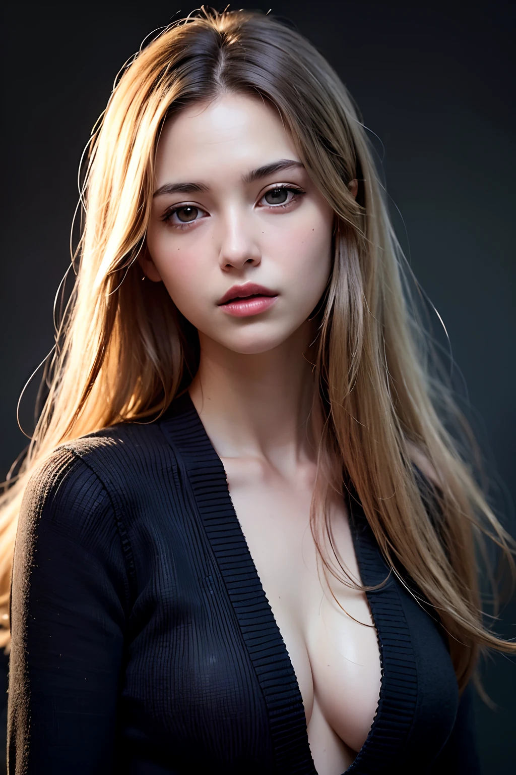 Best quality, masterpiece, ultra high res, (photorealistic:1.4), raw photo, 1girl, long hair, gold hair, detailed eyes and face, black sweater, dynamic lighting, in the dark, deep shadow, low key, cowboy shot