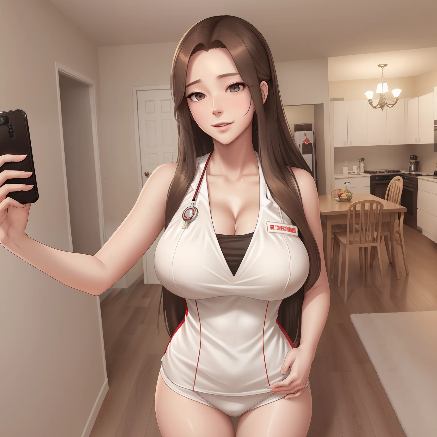girl,Mercy,long brown hair,he tall,sexy,super big breast,(P cup),age 17,standing in livingroom,full body, mercy nurse and wings outfit,happy detailed face,playing cellphone and selfie