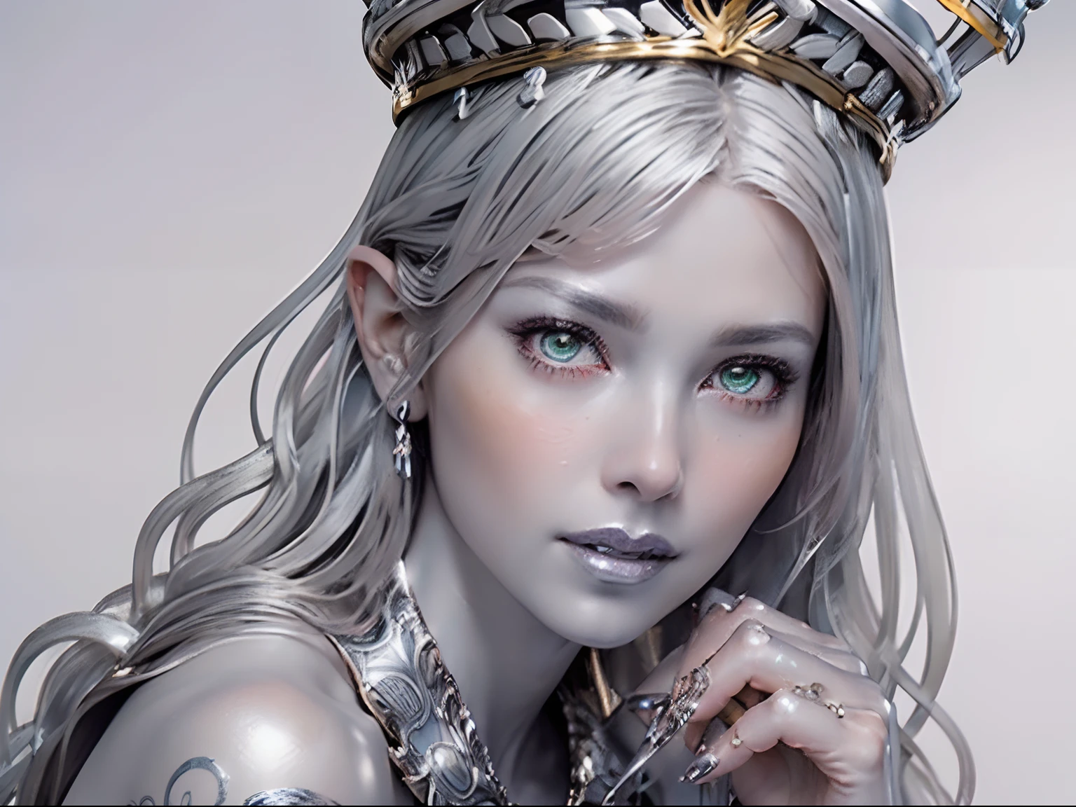 Ultra-detailed complex 3D rendering of the face, (masterpiece, top quality, octane rendering,), glamour shots full body image, very beautiful young elves, cleavage, (highly detailed skin: 1.2), (exposure: 1.1), ((blue micro bikini: 1.95)))). , 8k, (((very soft breasts)), (((conspicuous large pink areola)), beautiful Caucasian woman with white skin with full soft breasts with big buttocks, one, long braided hair, big breasts, dynamic angles, (((huge breasts: 2.4)), ultra-realistic photos, ((((((silver hair)))), futuristic urban background, facial muscles, (((((detailed and glamorous silver crown)))), In the style of Marvel Comics, ArtStation Trends, Clear Focus, Intricate Details, Very Detailed, Detailed Green Eyes, Sharp Focus, Digital Rendering, Professional, Abs, Lip Gloss, Glossy Skin, Sexy Pose, Golden Tattoo All Over Body, Silver Pattern All Over Body, Silver Lame Skin, Gold Glitter Skin, Mansuji, Buttocks, Jeweled All Over the Body, with silver scales, silver hair,