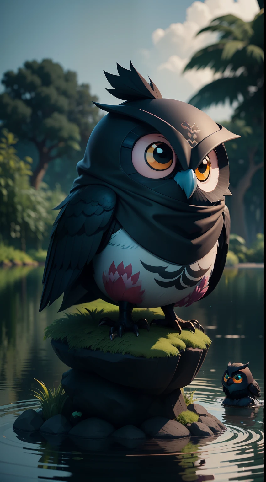 create a vibrant dark fantasy cute ninja owl in a clean-lined minimalistic cartoon style, in the background a pond with greenery all around on a fabulous evening, octane render, 8k