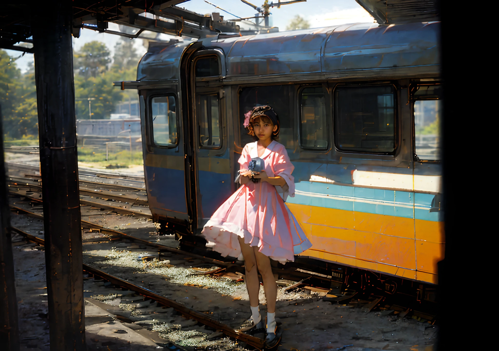 Photos from the 1990s、Fuji Film、championship、​masterpiece、Woman in pink dress standing on train, Train, alexey egorov, Shot on Ektachrome film, Lonely girl waiting for train, Award-winning color photography, kodakchrome : : 8 K, Cistyl 800T 50mm Eastman Color, still from live action movie, Late 1980s、In 1990