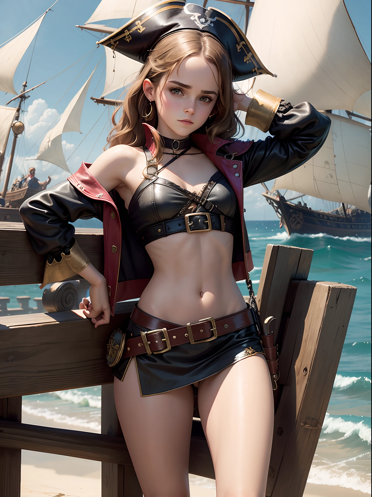 teen emma watson as a sexy pirate girl sitting on a fence. tight intricate leather pirate costume. crop top. slender body. background pirate ship.
