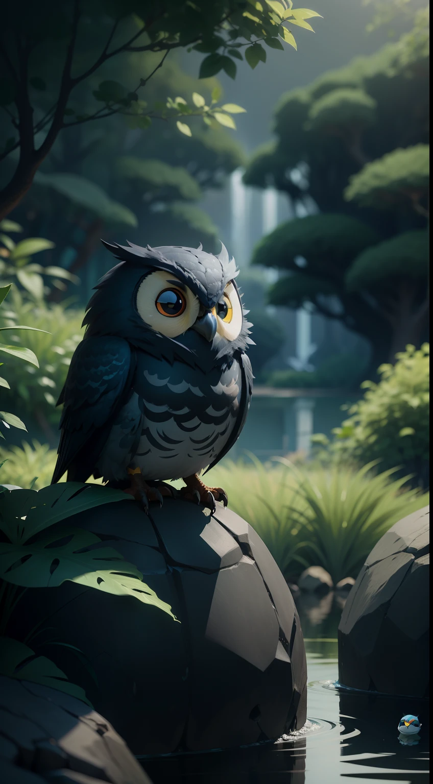 create a vibrant dark fantasy cute ninja owl in a clean-lined minimalistic cartoon style, in the background a pond with greenery all around on a fabulous evening, octane render, 8k