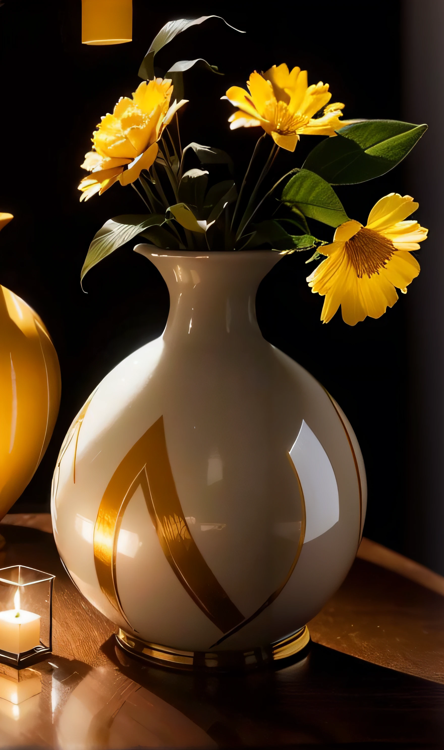 jarrones amarillos con flores amarillas y una vela sobre una mesa, jarrones y botellas, Dramatic product lighting, DSLR photo of a vase on a table, Toques de pan de oro, Trabajos en jarrones, Photography of commercial products, Detalles exquisitos y suaves, Resplandor dorado, 4K Product Photography, White vase, Volumetric and perfect lighting, soft golden hour lighting, Luz dorada