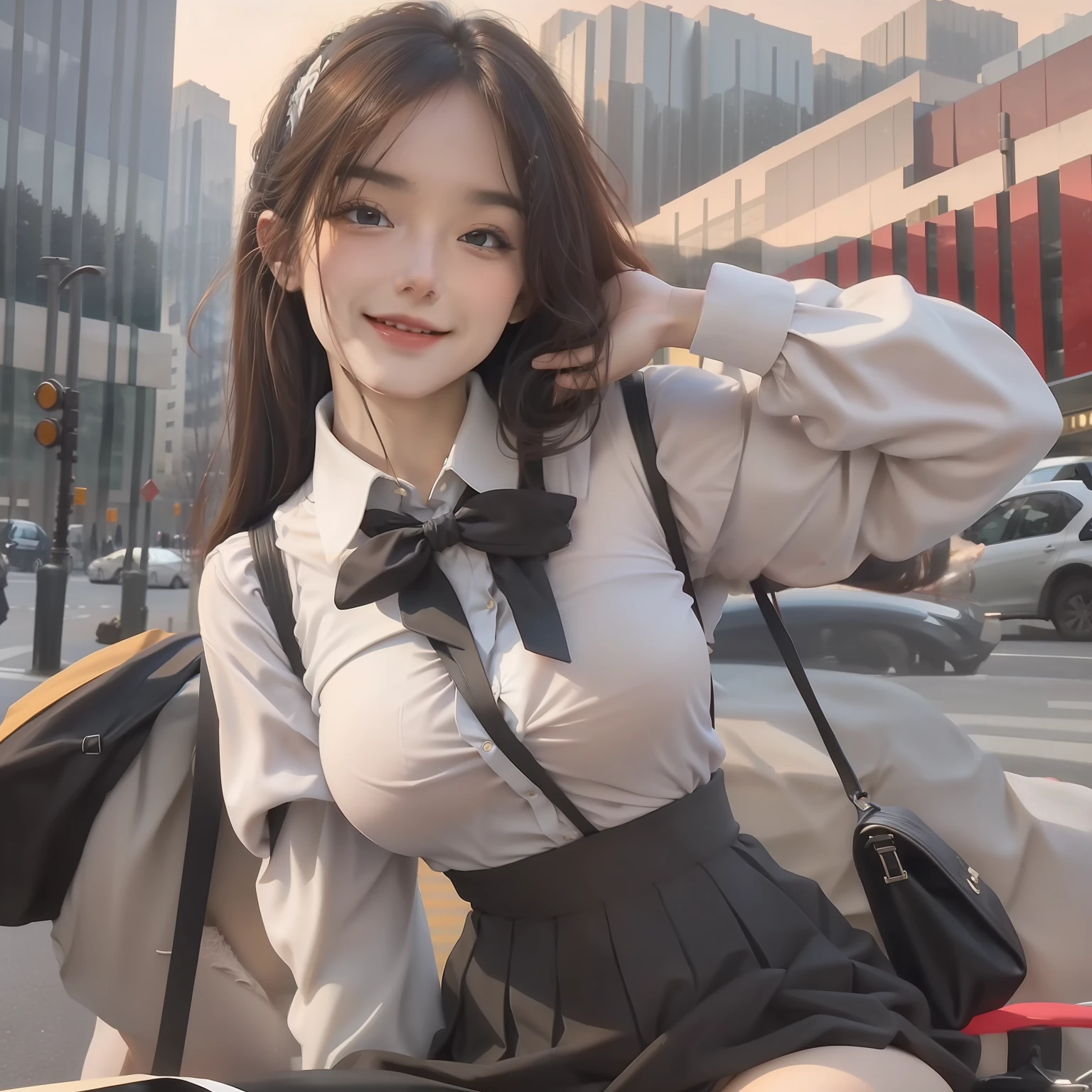 There was a woman on the street with a bag，（8k，RAW photos，best qualtiy，tmasterpiece：1.2），（realisticlying，realisticlying：1.37），ultra - detailed，1个Giant Breast Girl，big breasts beautiful，独奏，Beautiful detailed sky，the night，sitted，dated，（Flush the nose），（joyful smile），mediuml breasts，beatiful detailed eyes，（collared shir：1.1），neck bowtie，pleatedskirt，Spread your legs wide，No panties visible