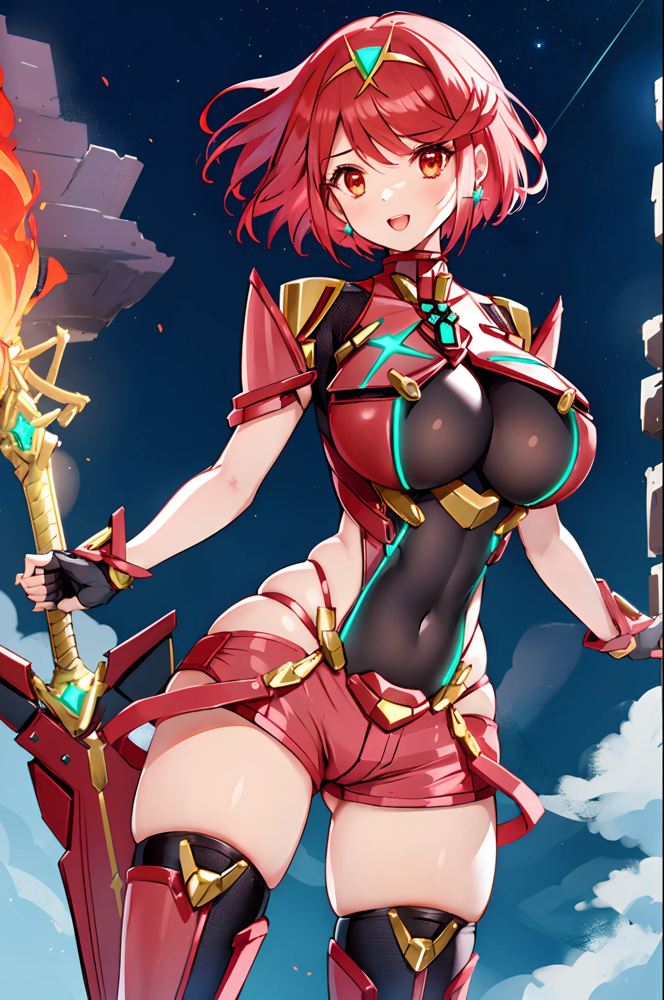 pyra \(xenoblade\), _1girl, armor, bangs, black gloves, breasts, red eyes, closed mouth, earrings, eyelashes, fingerless gloves, floating hair, framed breasts, gem, gloves, hair ornament, headpiece, jewelry, big_breasts, leaning back, leotard, neon trim, official art, pose, red hair, red shorts, saitou masatsugu, short hair, short shorts, short sleeves, shorts, sidelocks, skin tight, solo, standing, swept bangs, thighhighs, tiara, night_prairie_background, turtleneck, underbust, vambraces, xenoblade chronicles \(series\), (xenoblade chronicles 2), apart_legs, fire_effect,dynamic_pose,fighting,light_smile, (plump:1.1), big_ass,huge_sword, hold_large_sword_hilt, solo, covered_nipples, covered_pussy,open_mouth,back_view, fists,