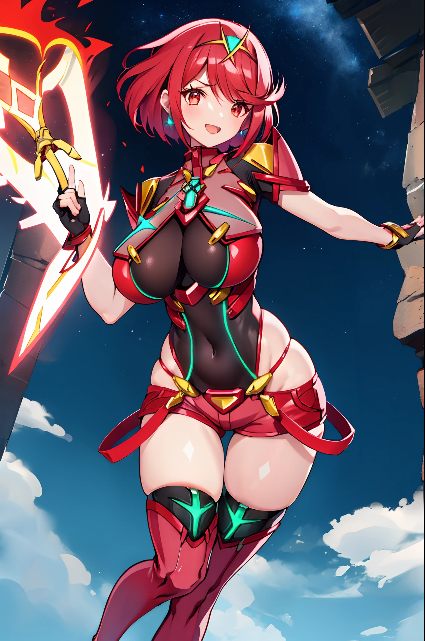 pyra \(xenoblade\), _1girl, armor, bangs, black gloves, breasts, red eyes, closed mouth, earrings, eyelashes, fingerless gloves, floating hair, framed breasts, gem, gloves, hair ornament, headpiece, jewelry, big_breasts, leaning back, leotard, neon trim, official art, pose, red hair, red shorts, saitou masatsugu, short hair, short shorts, short sleeves, shorts, sidelocks, skin tight, solo, standing, swept bangs, thighhighs, tiara, night_prairie_background, turtleneck, underbust, vambraces, xenoblade chronicles \(series\), (xenoblade chronicles 2), apart_legs, fire_effect,dynamic_pose,fighting,light_smile, (plump:1.1), big_ass,huge_sword, hold_large_sword_hilt, solo, covered_nipples, covered_pussy,open_mouth,back_view, fists,