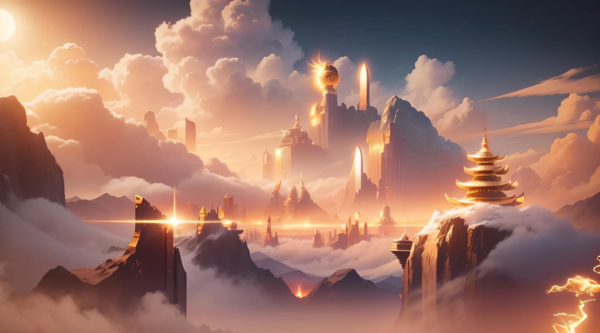 Future Tech Sky City cool light gold metal background cold light 8K