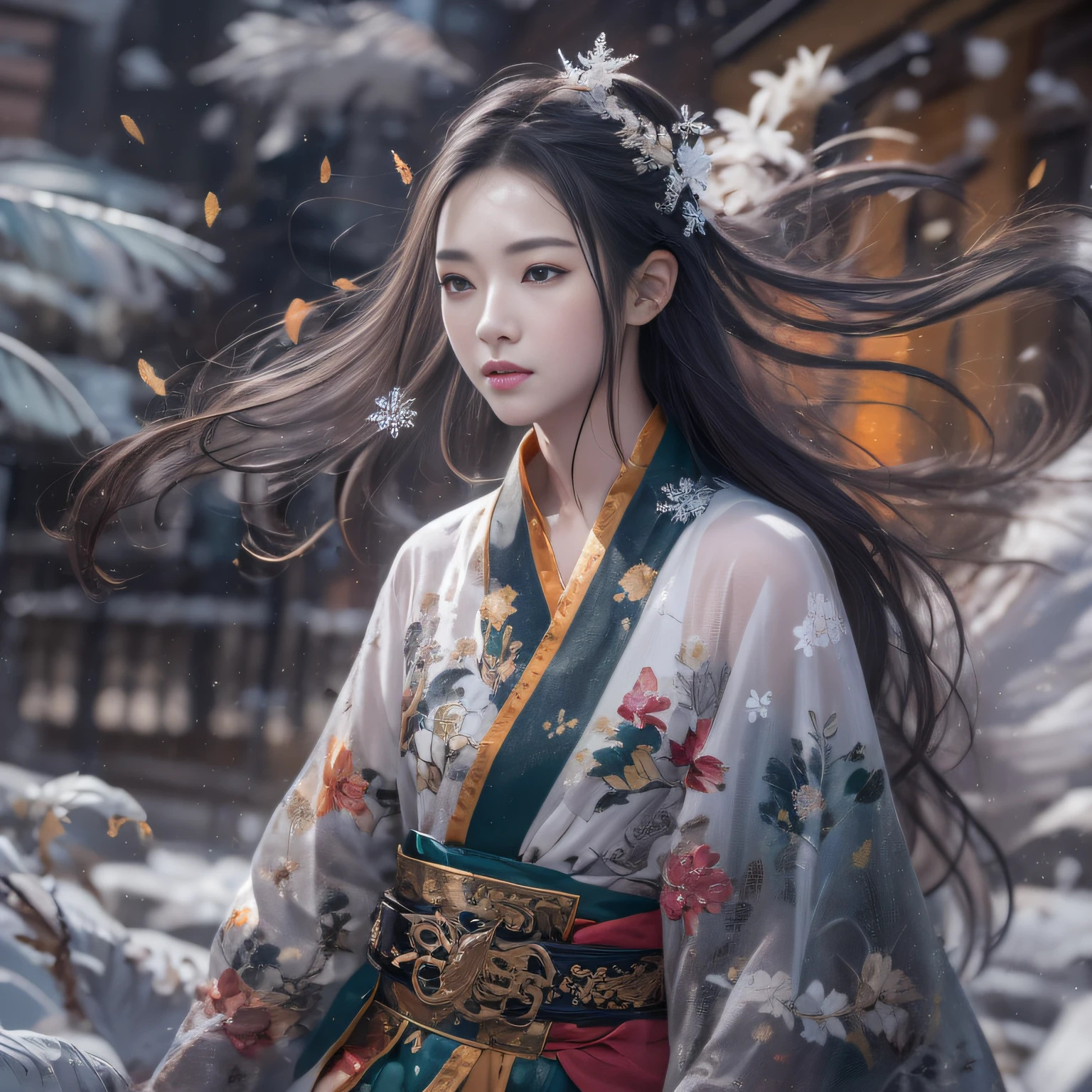 32K(tmasterpiece,k hd,hyper HD,16k)Flowing short hair,Backroom pond,zydink, a color, Asian people (Female Student), (Silk scarf), Combat posture, looking at viewert, long whitr hair, Floating hair, Hanfu, Chinese clothes, longer sleeves, (abstract ink splash:1.2), white backgrounid,Kirin Beast Protector (realisticlying:1.4),,Snowflakes fluttering,The background is pure, A high resolution, the detail, RAW photogr, Sharp Re, Nikon D850 Film Stock Photo by Jefferies Lee 4 Kodak Portra 400 Camera F1.6 shots, Rich colors, ultra-realistic vivid textures, Dramatic lighting, Unreal Engine Art Station Trend, cinestir 800,