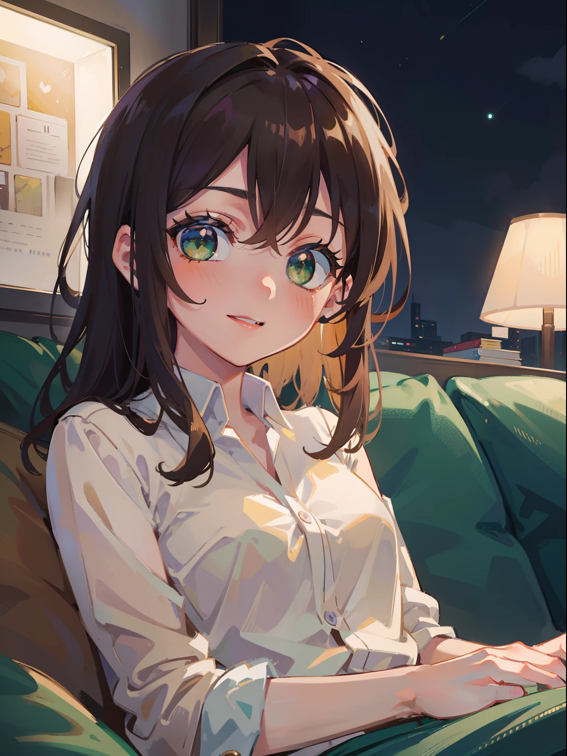 masterpiece), best quality, beautiful detailed hair detailed face, ultra high res, sharp focus, ((1 woman, solo)), perfect feminine face, upper body, medium close up, low angle, (warm pastel tone color), (at the night time:1.5), sitting on the couch, chesnut brown hair, ((beautiful shape eyes, green eyes)), smiles, look at the viewer, long hair, (office uniform:1.2), (semi nude)