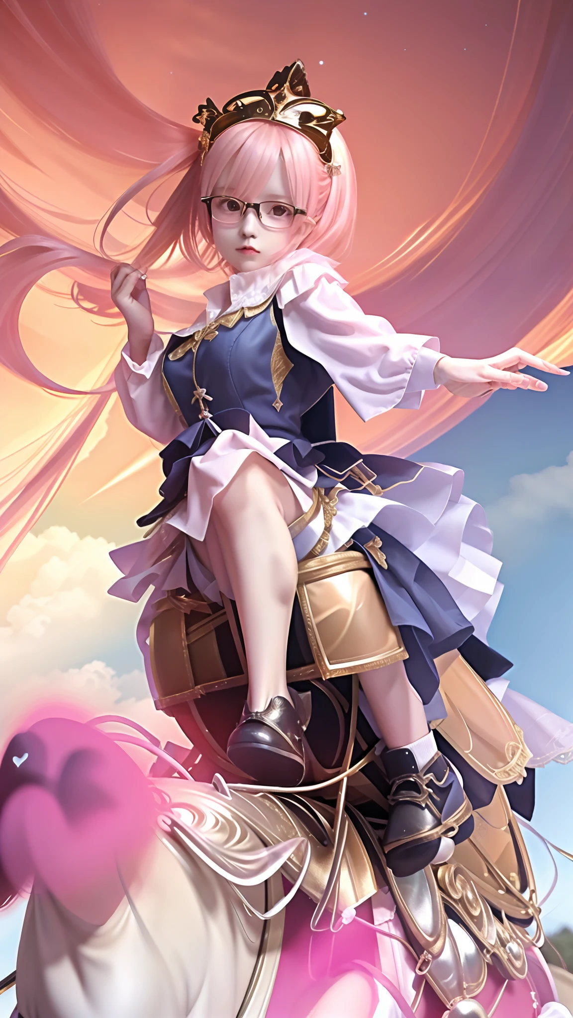 girl riding a pink horse in the sky, 1 girl, short hair, gold hair, rounded glasses, white servant dress, ultra details, ultra high res, 8k, realistic,