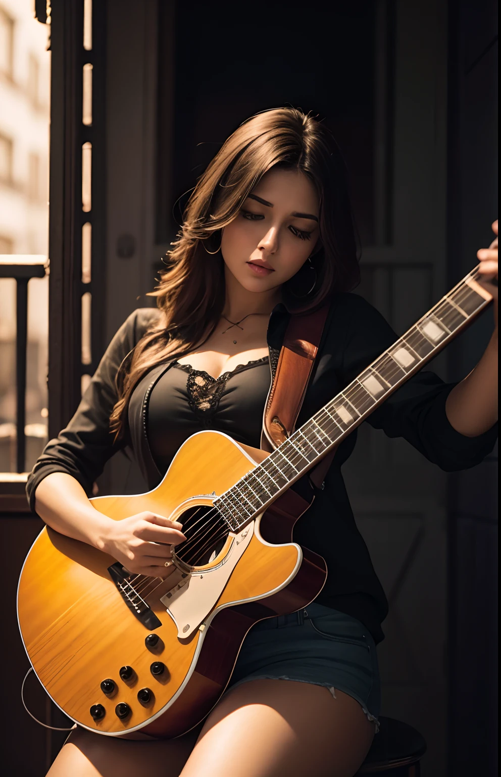 Mulher bonita segurando uma guitarra em suas costas