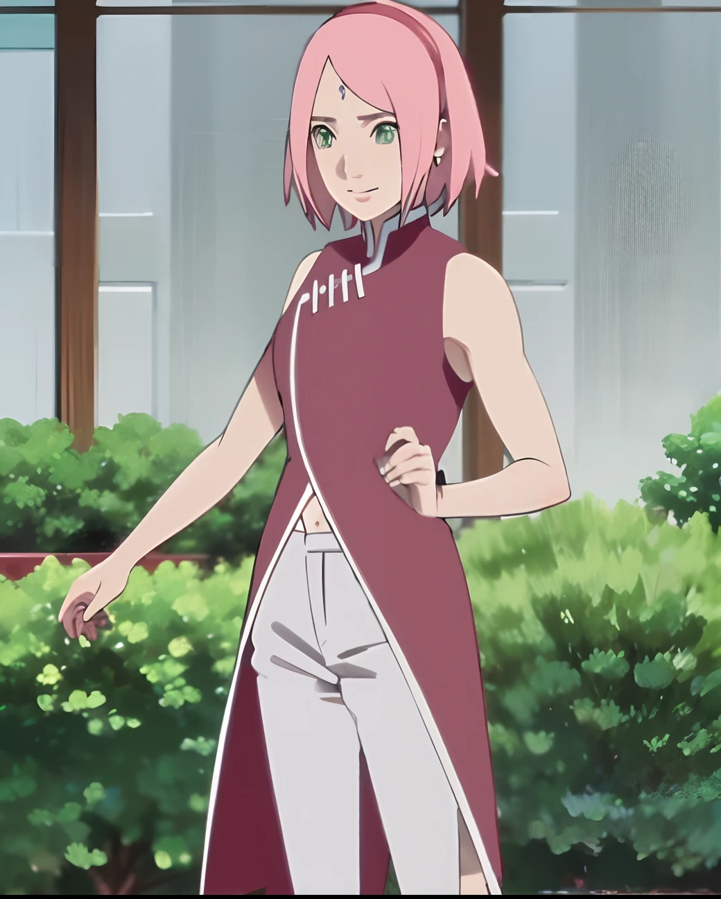 realista, fotorrealista, tiro de cowboy, obra-prima, absurdos, 1girl, haruno sakura, marca na testa, faixa de cabelo vermelha, vestido vermelho sem mangas, white pant, umbigo, virilha, pulseira, olhando para o espectador, sorriso, flores de cerejeira, jardim privado, vento, flutuando cabelo, seios grandes,(((quadris largos))), corpo tonificado, olhos detalhados, decote grande, sem shorts