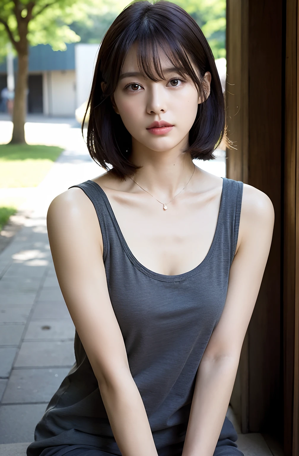 ((8K)、top-quality、​masterpiece、超A high resolution:1.2)Photo Beautiful Japan woman(pleasing:1.1) Elegance、There is a good、Transparent atmosphere、Beautiful face、Gradient lighting、1girl in、Delicate skin、Look into the distance、Brown-eyed、(short hair with bangs:1.2)、(breasts are large:1.0)、(medium areola:0.8)、(realisitic:1.4)、(top-quality:1.0)、(超A high resolution:1.0)、8K、Raw photography、(​masterpiece:0.2)、(pureerosface_v1:0.5)、Tank top dress、Tight、brown、Round Neck、Linen and cotton、Salopette、Thin shoulder straps、barechested、cotton clothes、no sleeves、Sleeveless、want me、Take your eyes off、Harajuku、Omotesando、Stylish cityscape、Street Trees、The morning sun is dazzling、subject、Lean、Look here、Ass big、a large bust、Kinda chubby、Bangs shed to the side、big butts、neat and well-groomed hairstyle、Bring your chest together、Feels、Mouth slightly open、Brown clothes、Angle from the side、a necklace、crouching down、Squat down to look here、Ass big、Futomo、