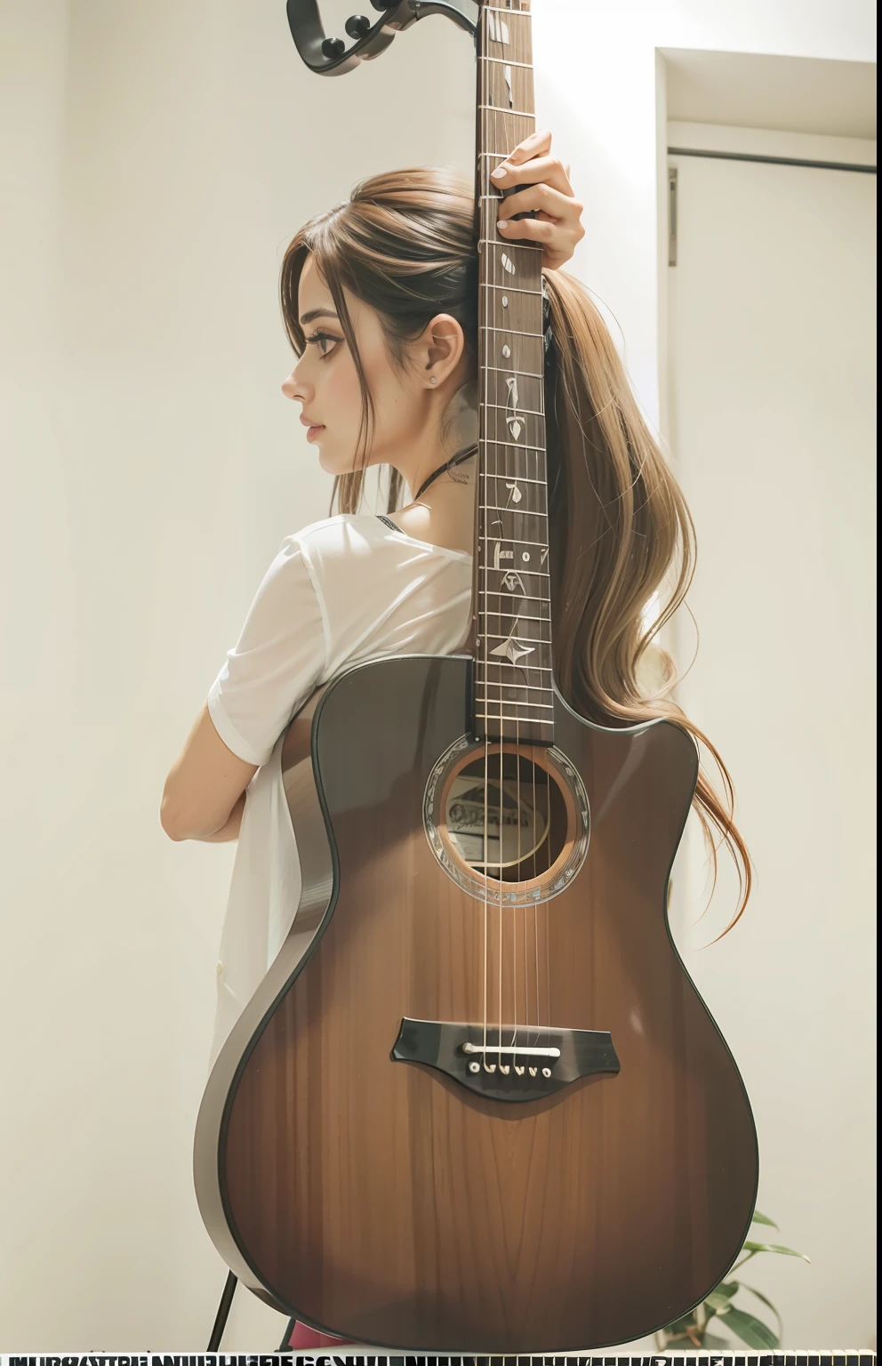 mulher linda, nua, cabelos compridos segurando uma guitarra nas costas