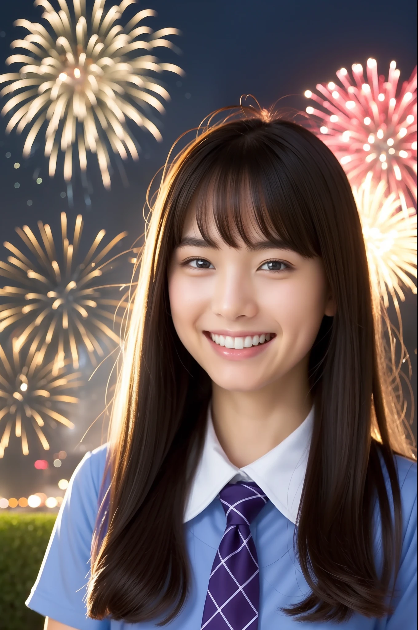 A smile、hi-school girl、While doing fireworks