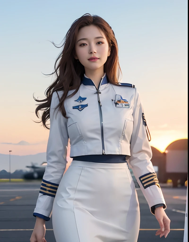 (Best quality, 8k, 32k, Masterpiece, UHD:1.2), (realistic:1.5), (masterpiece, Extremely detailed CG unity 8k wallpaper, best quality, highres:1.2), (ultra detailed, UHD:1.2), Photo of extremely cute and beautiful Japanese woman, (chestnut long wavy hair:1.2), adult, (detailed beautiful girl:1.4), best quality, woman, adult, (detailed US air-force pilot uniform:1.5), (white pilot captain jacket:1.3), (white high-waist pencil skirt:1.3), detailed clothes, (Beautiful sunset US air force base runway view background:1.3), embarrassed laughing:1, light smile, looking at viewer, facing the viewer, ((perfect female body)), (narrow waist:1.2), (upper body image:1.3), slender, abs, (large breasted:1.25), ((frame the head)), wind, dynamic pose, cinematic light, back light, perfect anatomy, perfect proportion, detailed human body, bokeh, depth of field,