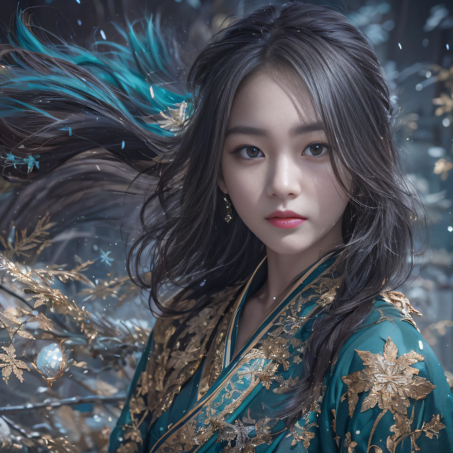 32K(tmasterpiece,k hd,hyper HD,16k)Flowing short hair,Backroom pond,zydink, a color, Asian people (Female Student), (Silk scarf), Combat posture, looking at viewert, long whitr hair, Floating hair, Hanfu, Chinese clothes, longer sleeves, (abstract ink splash:1.2), white backgrounid,Kirin Beast Protector (realisticlying:1.4),,Snowflakes fluttering,The background is pure, A high resolution, the detail, RAW photogr, Sharp Re, Nikon D850 Film Stock Photo by Jefferies Lee 4 Kodak Portra 400 Camera F1.6 shots, Rich colors, ultra-realistic vivid textures, Dramatic lighting, Unreal Engine Art Station Trend, cinestir 800,