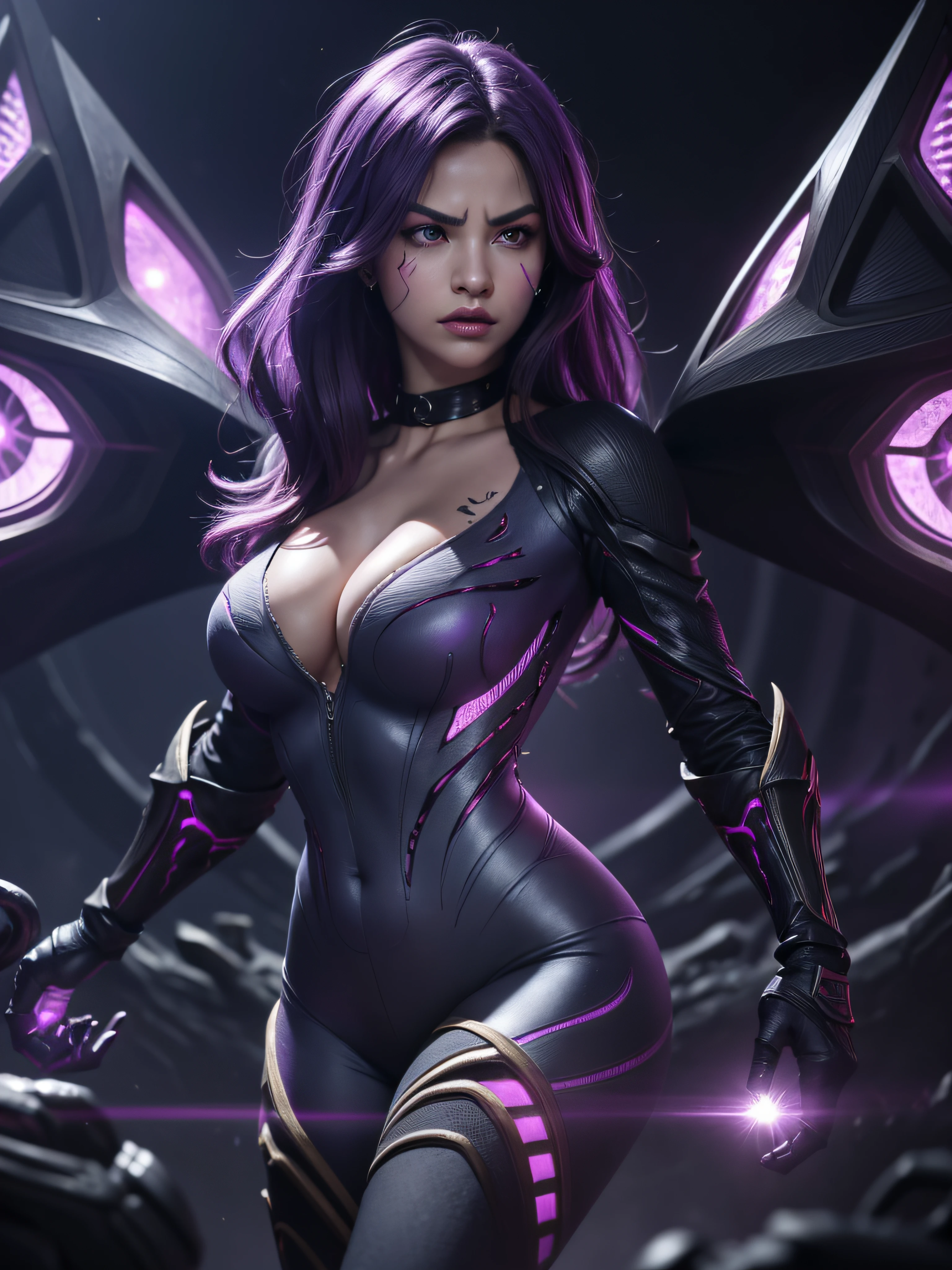 s the perfect face，Nice face，perfect hand，1girll，Kai'Sa，league of legend，Kai'Sa，Purple wings，Deep purple hair，Purple lips，(Purple glowing eyes)，(Purple pattern on the face)，Purple earrings，(Black collar)，Big breasts tightened，Serious expressions，intense glare，looking at viewert，From the front，（dynamicposes），(Wings of the Void)，arma，tmasterpiece，the Extremely Detailed CG Unity 8K Wallpapers，best qualtiy，32K，Focus Clear，Cyber City，neonlight，light circles，The background is a black hole，Purple Leather Pants，(The navel glows purple)，Purple glow at the waist，Xenomorph burst out of the chest，Rip your belly
