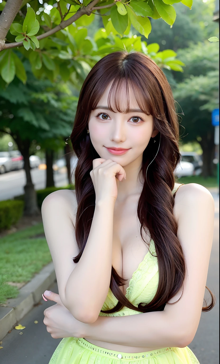 Best quality, long hair bangs curly two side braids loose towards the front, (Brown hair color), 超高分辨率, (Photorealistic:1.4), 1lovelygirl, bit girl, (Young), pink puffy , NSFW, ,(Kpop idol), (aegyo sal:1), Smiling, Cute, full bodyesbian, hands together in front, Background street, Nature, peaceful neighborhood, Sunlight,Lolita prostitute