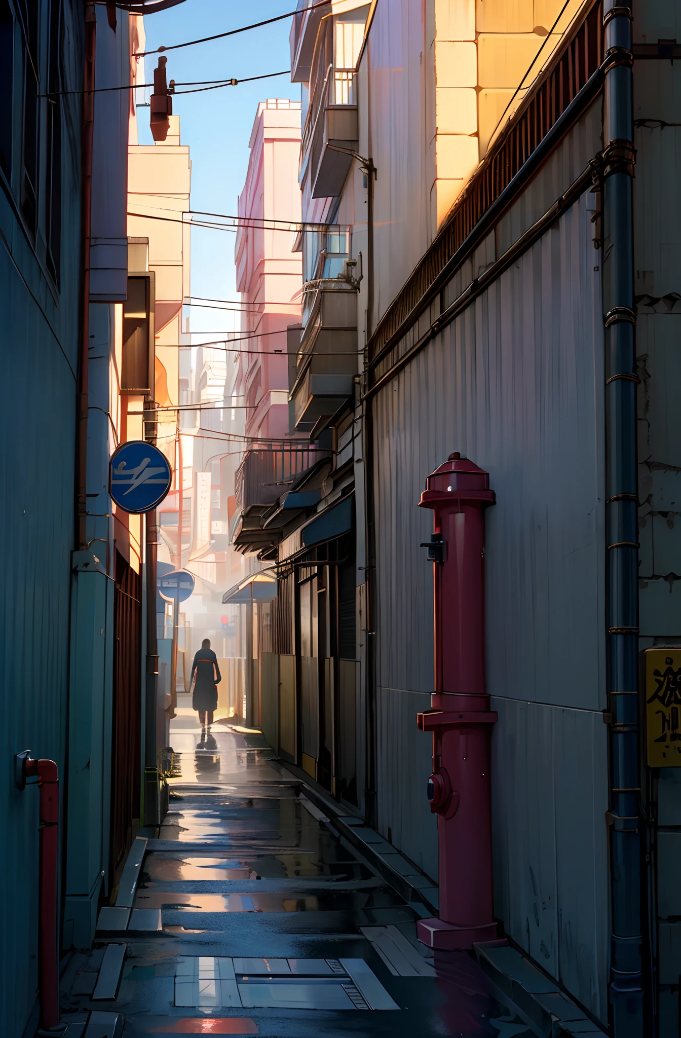 There are wet streets with buildings and fire hydrants, backstreet, Back alley, tokyo alleyway, photorealistic streetscape, location [ Chicago ( backstreet ) ], alleyway, alleyway, city street cinematic lighting, shady alleys, realistic afternoon lighting, in narrow tokyo alleyway, north melbourne street, in the Alley, Foggy Alley