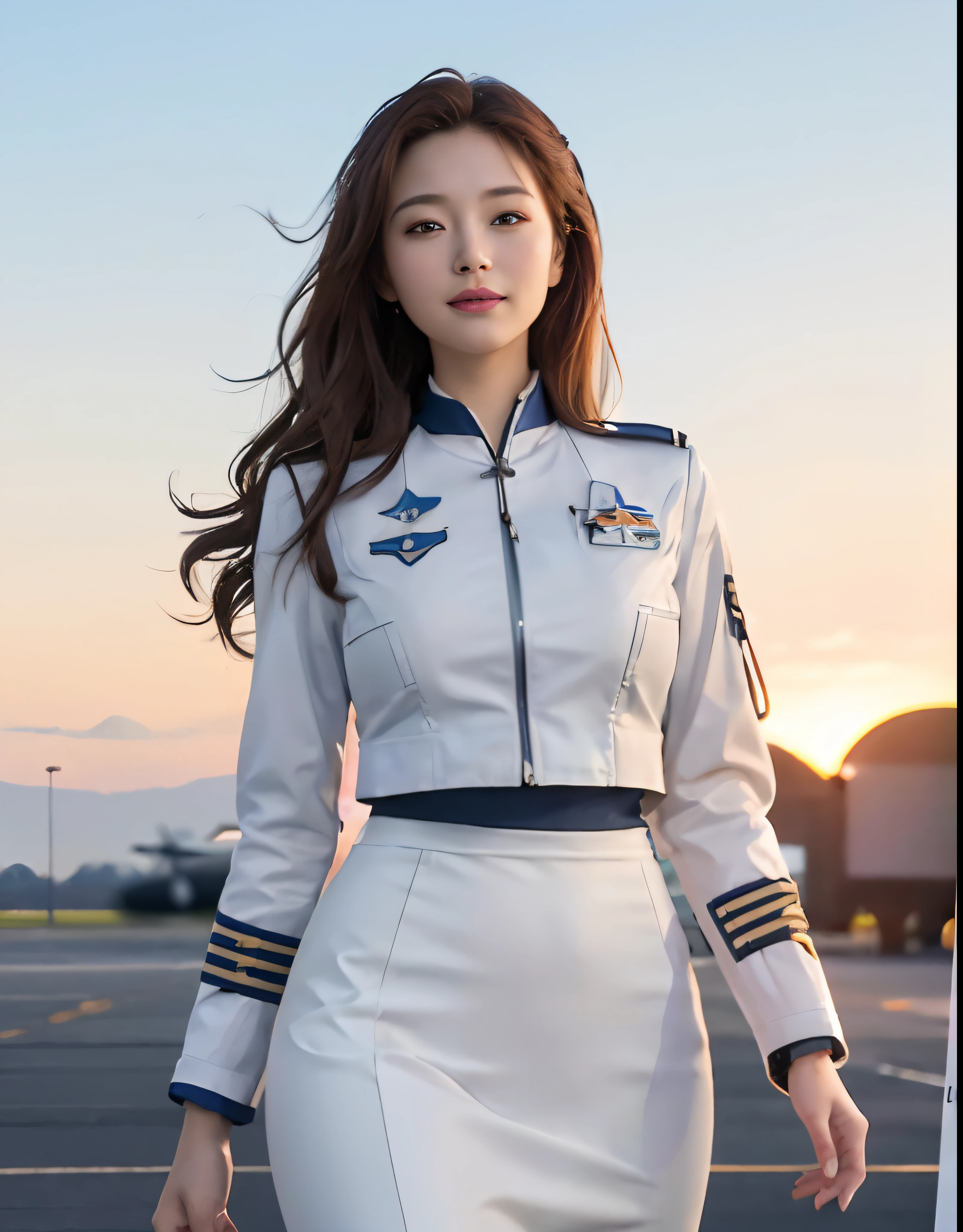 (Best quality, 8k, 32k, Masterpiece, UHD:1.2), (realistic:1.5), (masterpiece, Extremely detailed CG unity 8k wallpaper, best quality, highres:1.2), (ultra detailed, UHD:1.2), Photo of extremely cute and beautiful Japanese woman, (chestnut long wavy hair:1.2), adult, (detailed beautiful girl:1.4), best quality, woman, adult, (detailed US air-force pilot uniform:1.5), (white pilot captain jacket:1.3), (white high-waist pencil skirt:1.3), detailed clothes, (Beautiful sunset US air force base runway view background:1.3), embarrassed laughing:1, light smile, looking at viewer, facing the viewer, ((perfect female body)), (narrow waist:1.2), (upper body image:1.3), slender, abs, (large breasted:1.25), ((frame the head)), wind, dynamic pose, cinematic light, back light, perfect anatomy, perfect proportion, detailed human body, bokeh, depth of field,