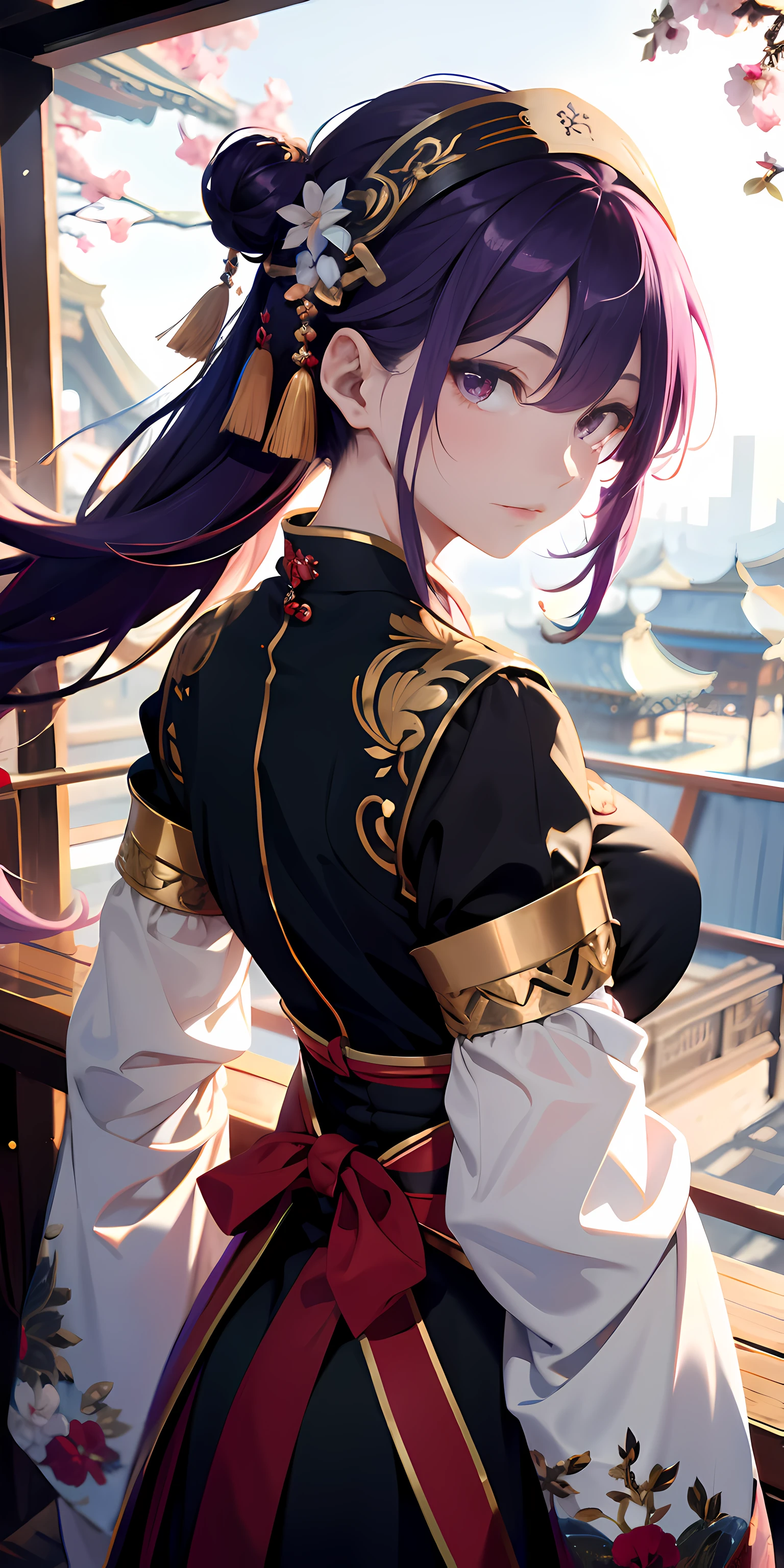 Ridiculous resolution, A high resolution, (Masterpiece:1.4), ultra - detailed, 1boy , Purple hair big breasts,Chinese big breasts,Hanfu,longer sleeves,Faraway view,looking from above, the space, afloat, --v 6