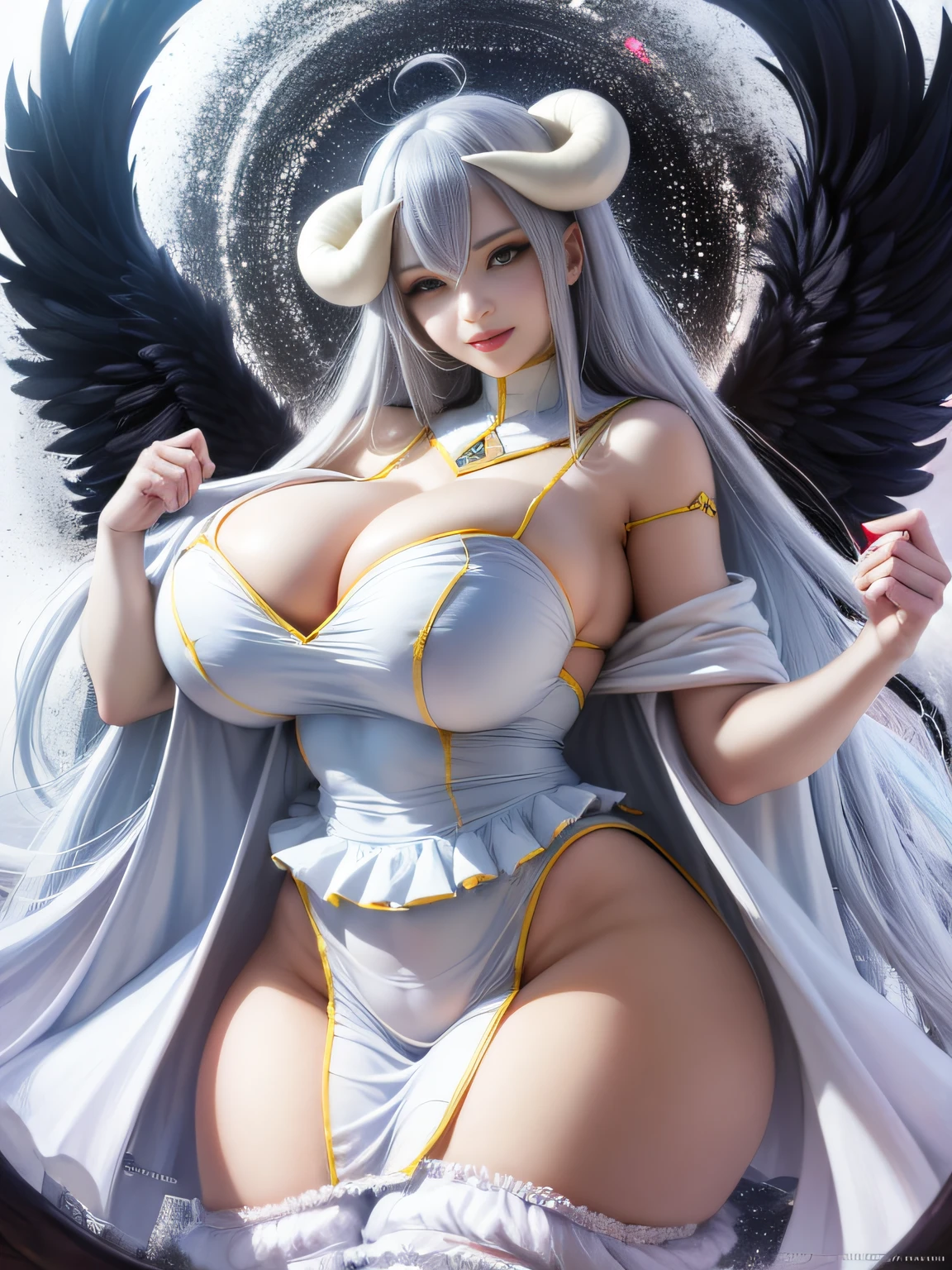 perfect beautiful face, masterpiece, best quality, highres, al1, demon horns, slit pupils, white gloves, white dress, bare shoulders, detached collar, cleavage, black wings, feathered wings, low wings, cowboy shot, standing, smile, dungeon, evil smile, white dress, huge boobs, huge ass, nasty, sexy, al1, demon horns, white gloves, white dress, bare shoulders, detached collar, cleavage, slit pupils, black wings, feathered wings, low wings, huge boobs, huge ass, juicy thick thigh, white horn