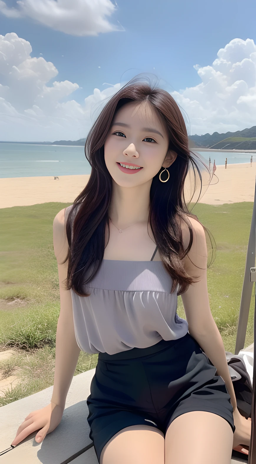 ((best qualtiy, A masterpiece in 16K quality:1.3)),a young, Beautiful and cute Korean actress,Full body photo,Extremely beautiful and delicate,Black color hair,Pouting and smiling,Delicate and beautiful fair skin,Realistic and realistic,exquisite and complete facial features,Detailed depiction of the face,tall nose bridge,Smooth hair,extremely detail hair,Feminine temperament,Tall and tall,Thin,Realiy,White teeth,Tied up with hair,Hyper-realism,sandals,full body shot shot,Forward tilt angle,Extreme picture quality,Highest precision,Precise and perfect human anatomy。with blue sky and white clouds,with blue sky and white clouds,rays of sunshine,Cows, sheeps, (Chiffon tops,Chiffon shorts)(telephoto shot,)Express the landscape,Highlight portrait。Sitting on the beach by the sea。Wearing earrings