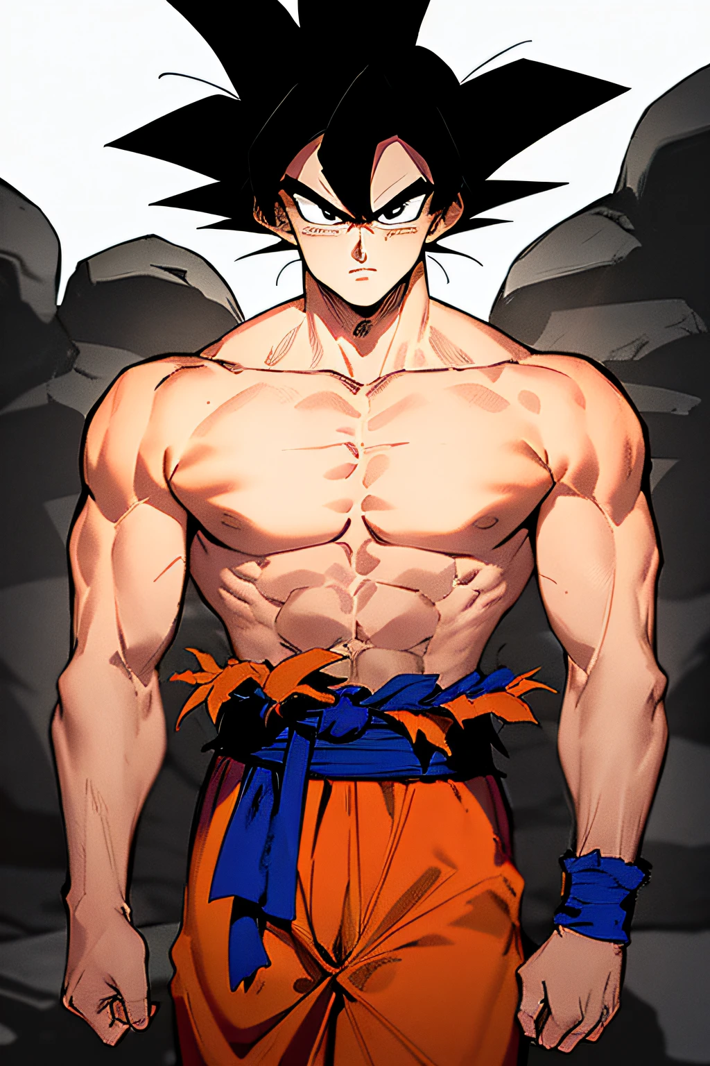 son goku, 1boy, closed mouth, male focus, muscular, muscular male, rock, sash, serious, solo, spiked hair, topless male, torn clothes, ultra instinct, black eyes, black hair, ((masterpiece))