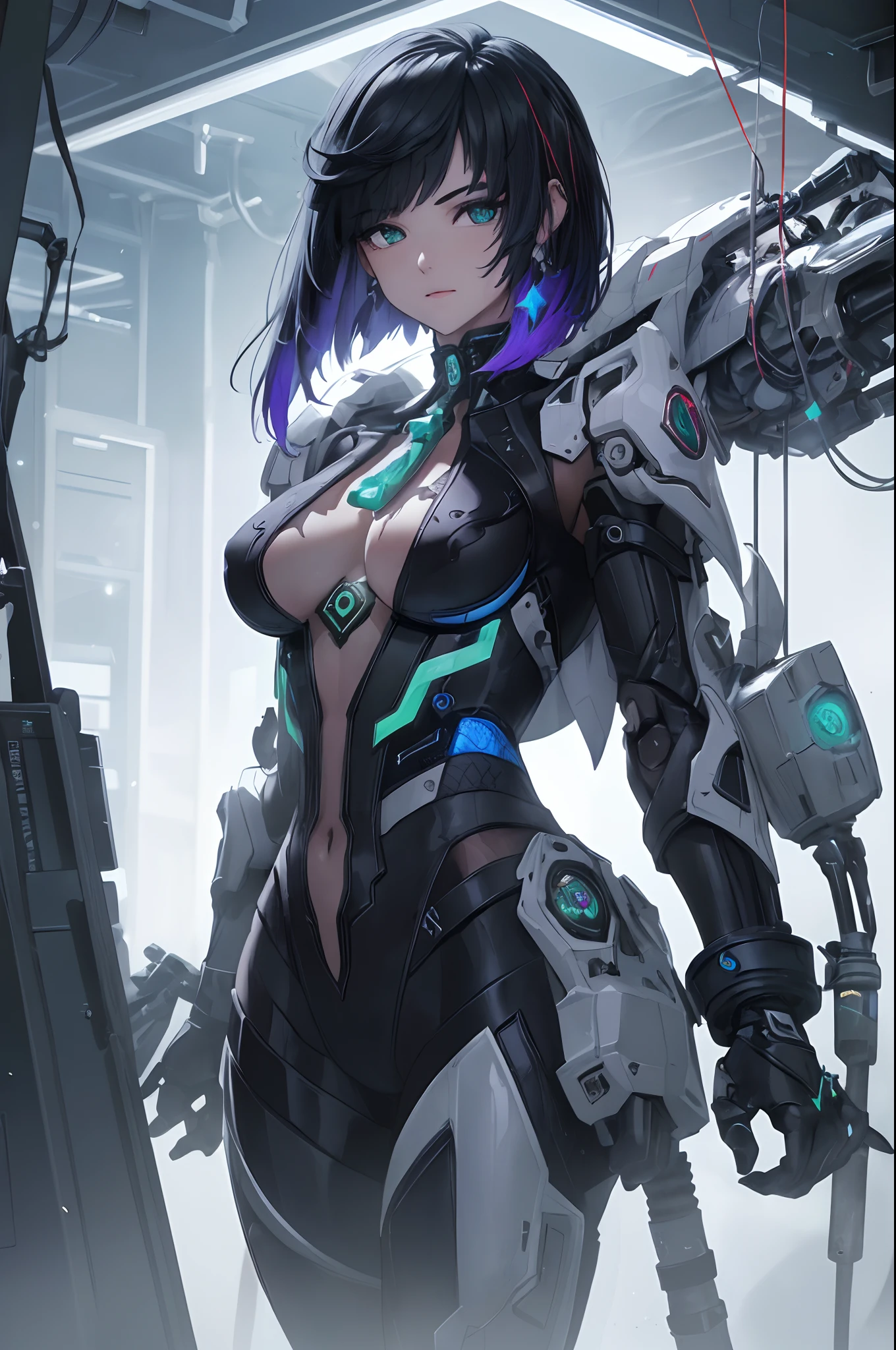 light particles, halo, (bioluminescent:0.95), bioluminescent, piercing glare, vibrant, (((colourful))), color, (glowing, glow), reflection light, depth of field, from behind, multiple views, delicated best quality, (((masterpiece))), ((best quality)), ((ultra-detailed)), (CG illustration), (an extremely devious and beautiful)), cinematic light, ((1 mechanical girl)), (black hair), (short hair), (green eyes), (purple lips), (absurdly large silver robe), single, full, mechanical halo,star halo,intricate mechanical bodysuit, mecha corset, (full armor: yalow and white), (machine-made joints: 1.4), ((mechanical limbs)), ( blood vessels attached to the tube), ((mechanical spine attached to the back)), ((mechanical cervical vertebrae attached to the neck), ((combat stance)), expressionless, (wires and cables attached to the head and body: 1.5), (character focus), science fiction, apocalypse, glow, (full shoot body:1.1)