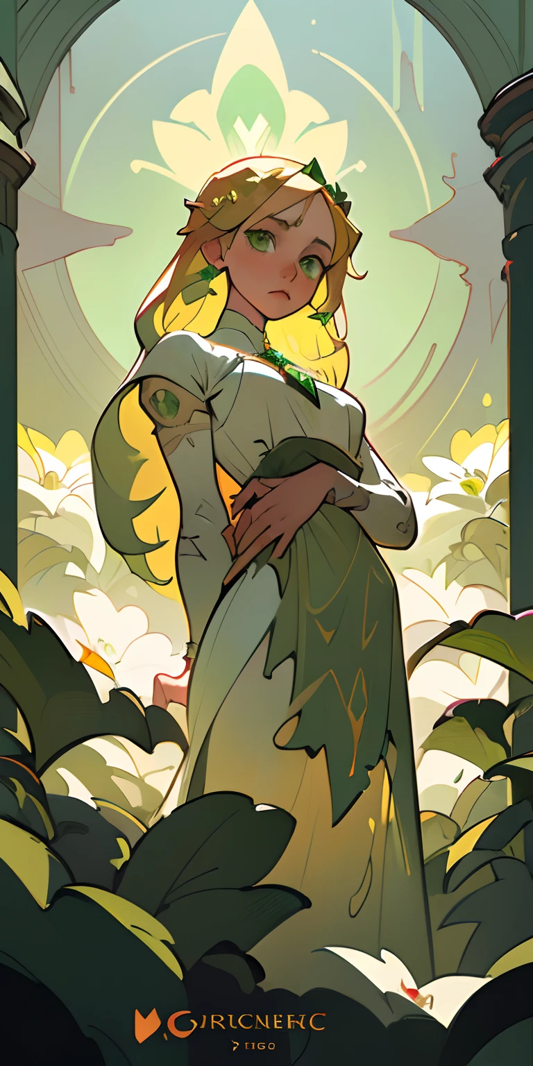 1girl, ((blond hair)), long hair, détailled eyes (((green eyes))), flower crown, freckle, (emerald pendant), white dress, overwatch, digital painting, cold colors palette, full color, highly detailed eyes, anime eyes, pretty face, blizzard, illustration, sharp focus, dramatic lighting, smooth, trending on artstation, cinematic, 8k, concept art, raytracing, elegant, reflections, art style from artgerm and wlop and alphonse mucha and greg rutkowski, background is a fantasy medieval city white.