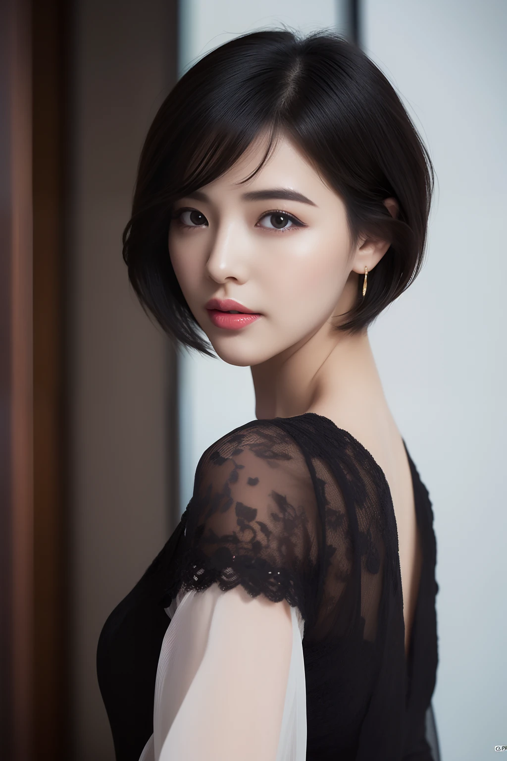 (Black printed porcelain dress),1个Giant Breast Girl,(short detailed hair:1.1),(Behind the arm:1.1),(realisticlying:1.7),((best qualtiy)),absurderes,(超高分辨率),(realisticlying:1.6),realisticlying,rendering by octane,(Hyper-realistic:1.2),(photo-realistic face:1.2),(8k),(4k),(tmasterpiece),(realistic skin textures),(illustratio,cinmatic lighting,the wallpaper),(beautidful eyes:1.2),(s the perfect face)))),(adolable),(standing on your feet),(brunette color hair),(short detailed hair),黑The eye,Redlip, (exteriors)
