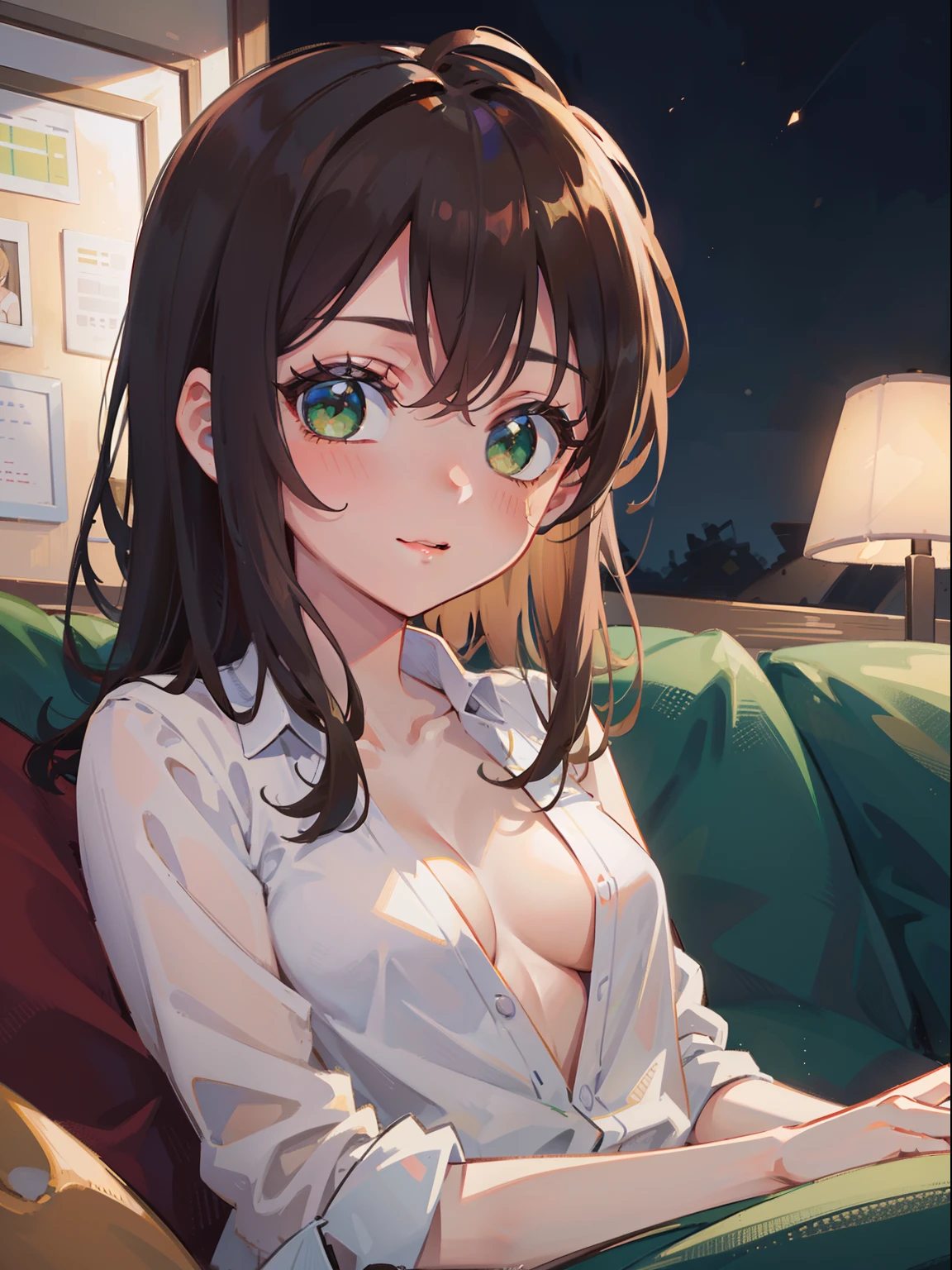 masterpiece), best quality, beautiful detailed hair detailed face, ultra high res, sharp focus, ((1 woman, solo)), perfect feminine face, upper body, medium close up, low angle, (warm pastel tone color), (at the night time:1.5), sitting on the couch, chesnut brown hair, ((beautiful shape eyes, green eyes)), caring smiles, look at the viewer, long hair, (office uniform:1.2), (semi nude), cleavage
