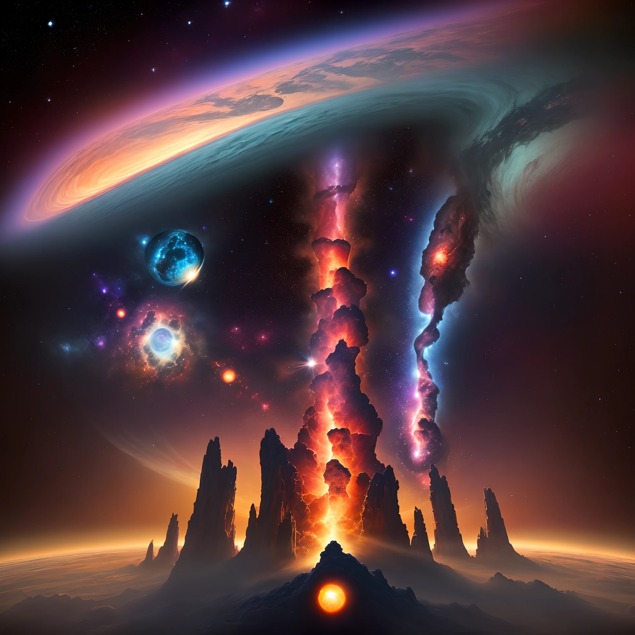 Pillars of creation with multiple planets around and colorful space