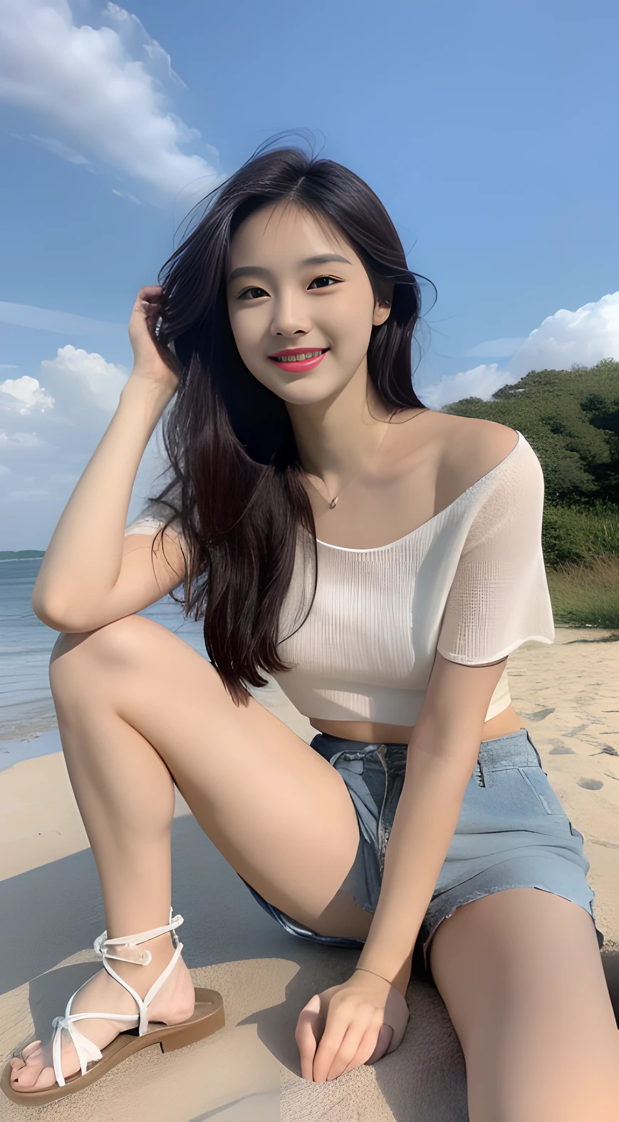 ((best qualtiy, A masterpiece in 16K quality:1.3)),a young, Beautiful and cute Korean actress,Full body photo,Extremely beautiful and delicate,Black color hair,Pouting and smiling,Delicate and beautiful fair skin,Realistic and realistic,exquisite and complete facial features,Detailed depiction of the face,tall nose bridge,Smooth hair,extremely detail hair,Feminine temperament,Tall and tall,Thin,Realiy,White teeth,Tied up with hair,Hyper-realism,sandals,full body shot shot,Forward tilt angle,Extreme picture quality,Highest precision,Precise and perfect human anatomy。with blue sky and white clouds,with blue sky and white clouds,rays of sunshine,Cows, sheeps, (Chiffon tops,Chiffon shorts)(telephoto shot,)Express the landscape,Highlight portrait。Sitting on the beach by the sea。Wearing earrings