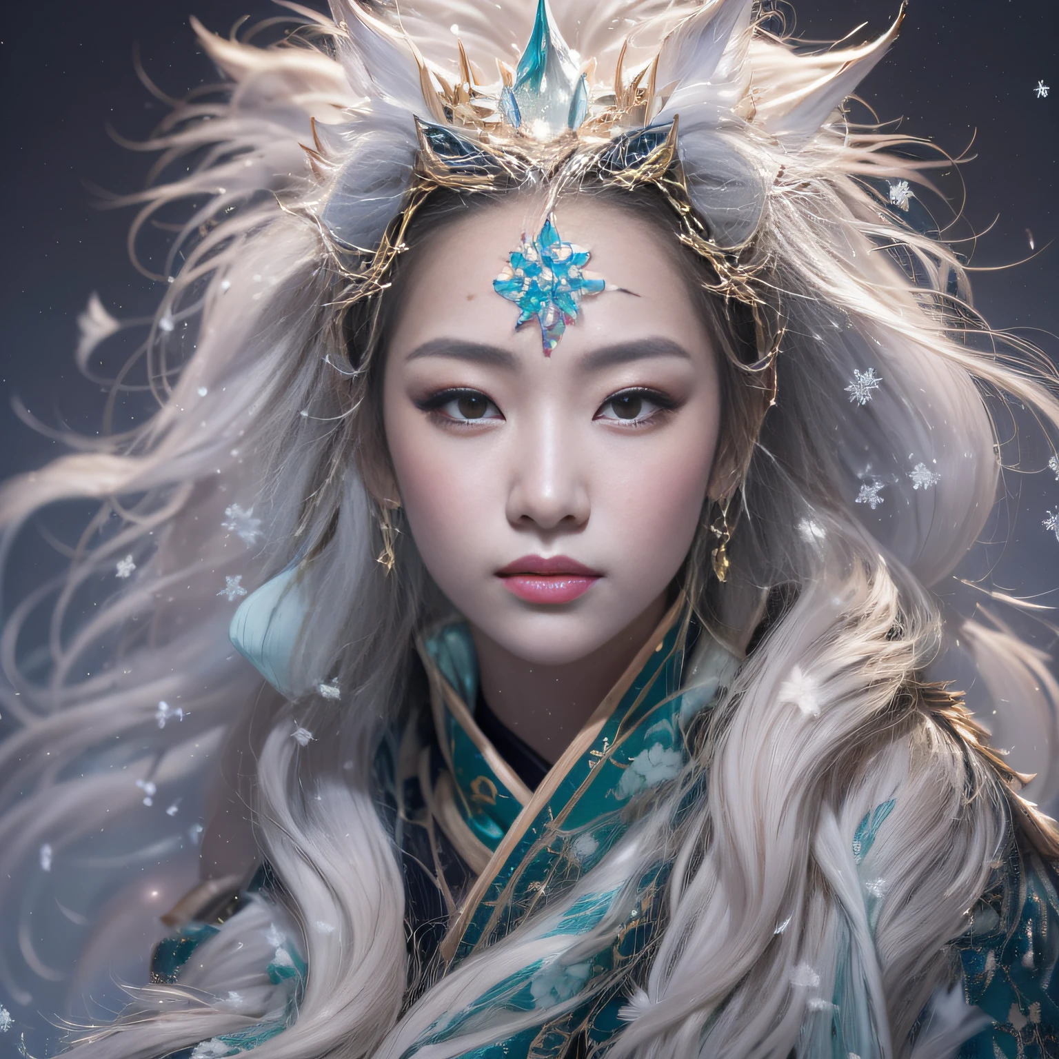 32K(tmasterpiece,k hd,hyper HD,16k)Flowing short hair,Backroom pond,zydink, a color, Asian people (Unicorn beast), (Silk scarf), Combat posture, looking at viewert, long whitr hair, Floating hair, Hanfu, Chinese clothes, longer sleeves, (abstract ink splash:1.2), white backgrounid,Kirin Beast Protector (realisticlying:1.4),Snowflake lion's head,Snowflakes fluttering,The background is pure, A high resolution, the detail, RAW photogr, Sharp Re, Nikon D850 Film Stock Photo by Jefferies Lee 4 Kodak Portra 400 Camera F1.6 shots, Rich colors, ultra-realistic vivid textures, Dramatic lighting, Unreal Engine Art Station Trend, cinestir 800,