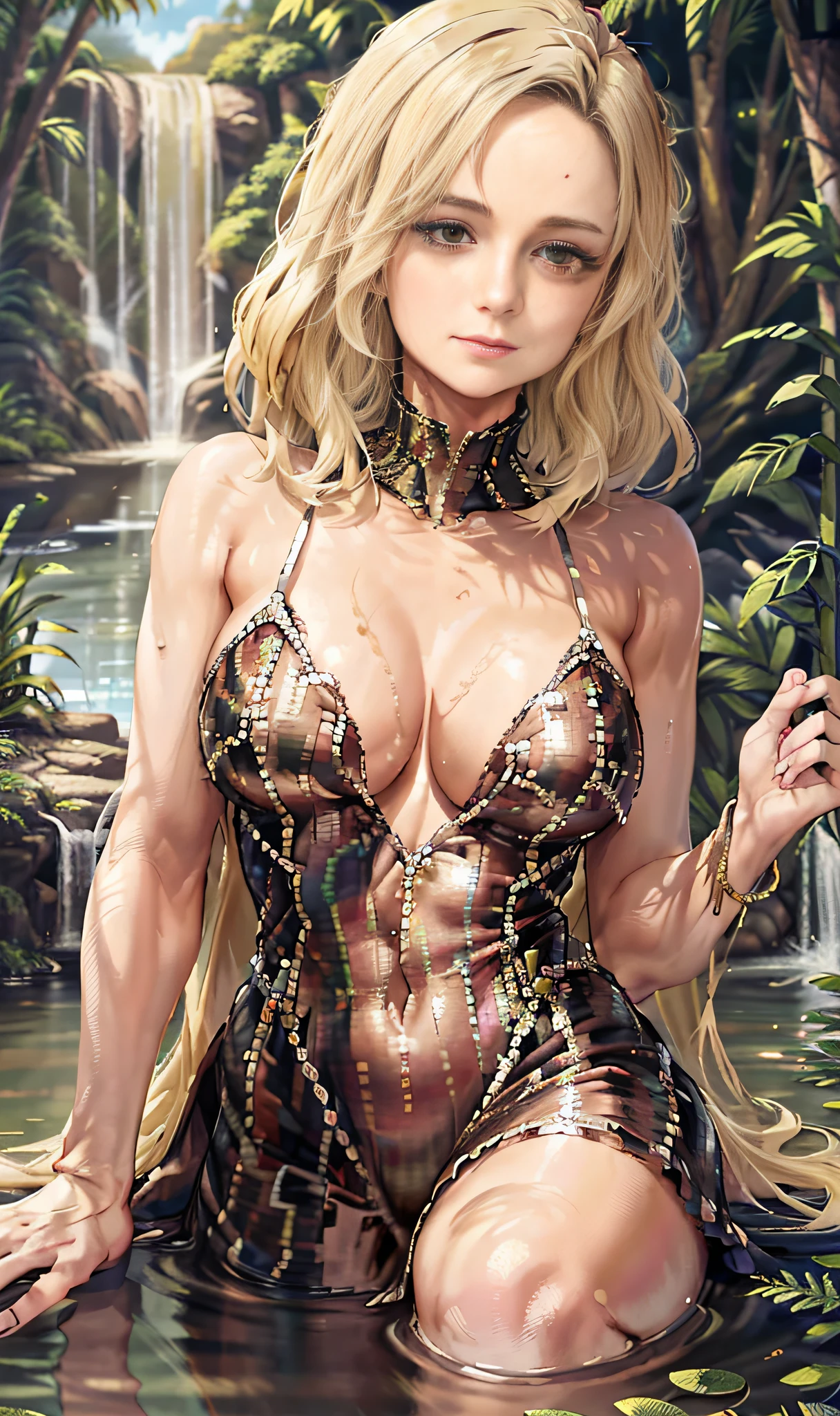 (masterpiece, best quality, absurdres, extremely detailed, ambient soft lighting, intricate detail, ultra high quality 16k HDR):1.4, entire full-body in picture, extremely beautiful very happy Brie Larson wearing a lush swinsuit on her thicc body, outdoors scene with nature, forest trees, grass plants, flowers along a river, caustics, water flow, ripples, (waterfall:1.2), pond, jungle, lush leaves, fern.