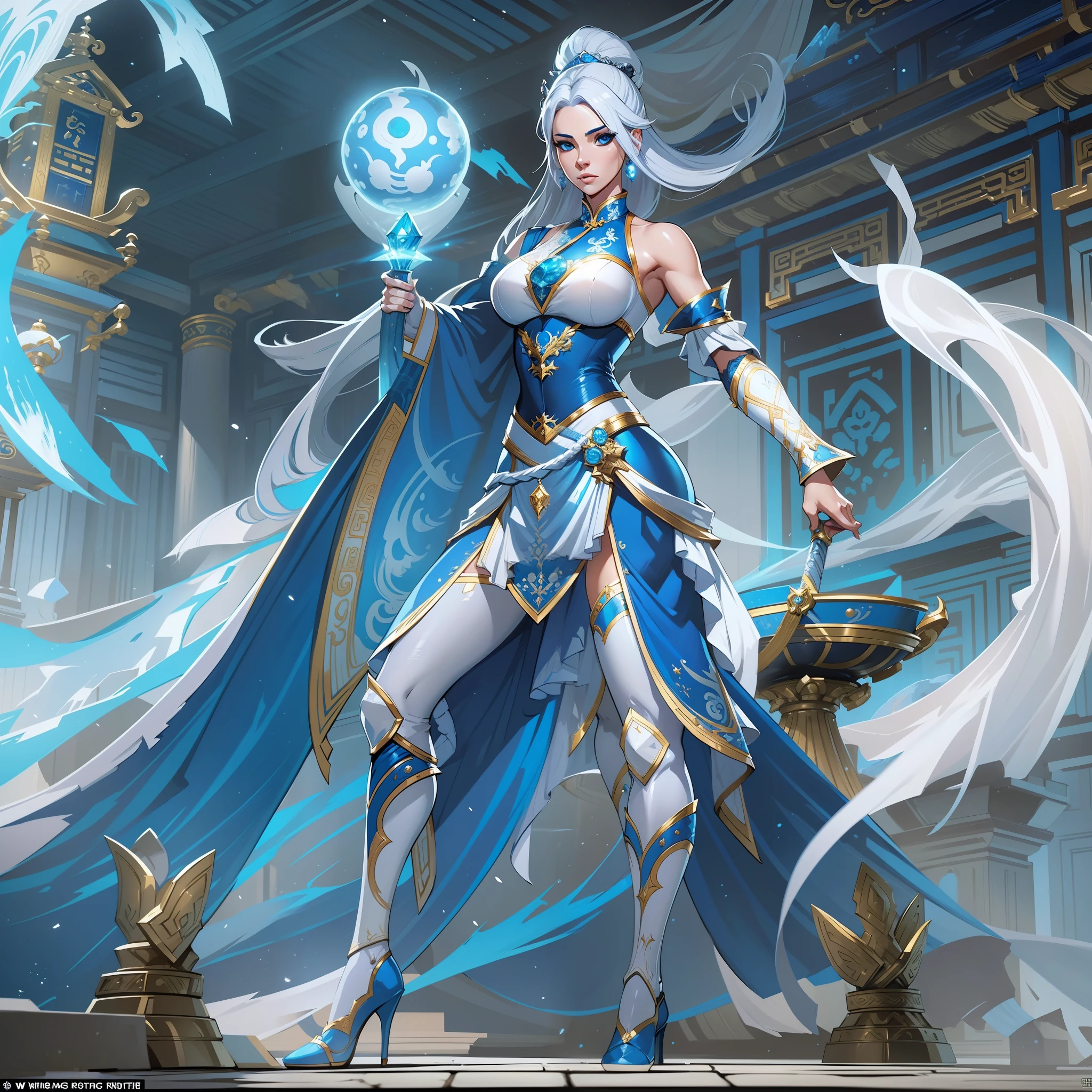 a close up of a strong amazon woman in her 30's, with blue eyes and white hair, wearing a blue and white layered ball gown dress, layered skirts, showing off her thighs, a heroine with blue eyes, female swordswoman with ice power, princess, standing in a chinese temple, new costume concept design, in the style of blade and soul, full body character concept, detailed character design, lunar themed attire, costume with blue accents, colored concept art, highly detailed character design, highly detailed face, very highly detailed face, unreal engine render, final fantasy 14 style