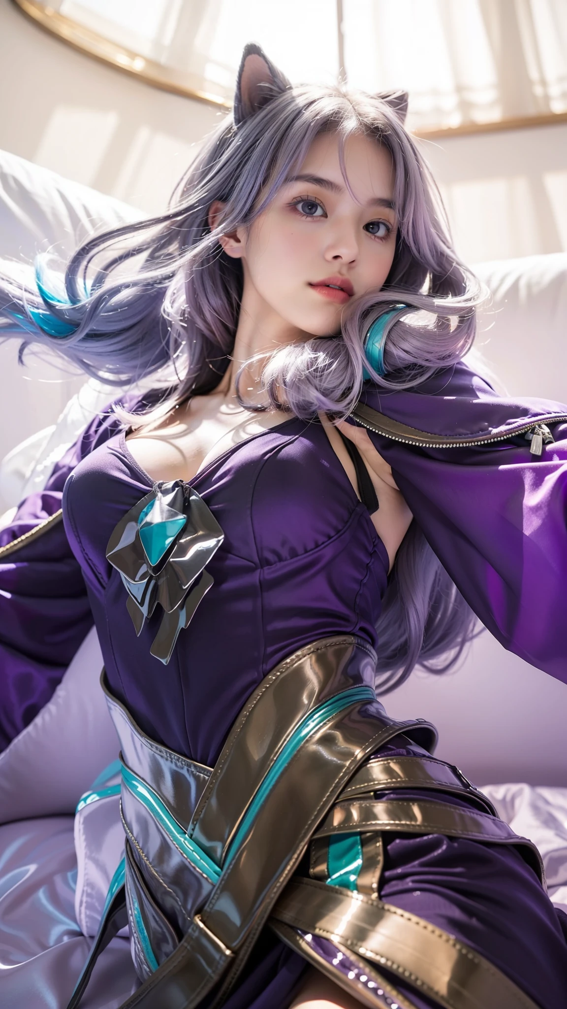 1girl,sitting on a cozy couch,crossing legs,soft light,Purple dress, silver hair